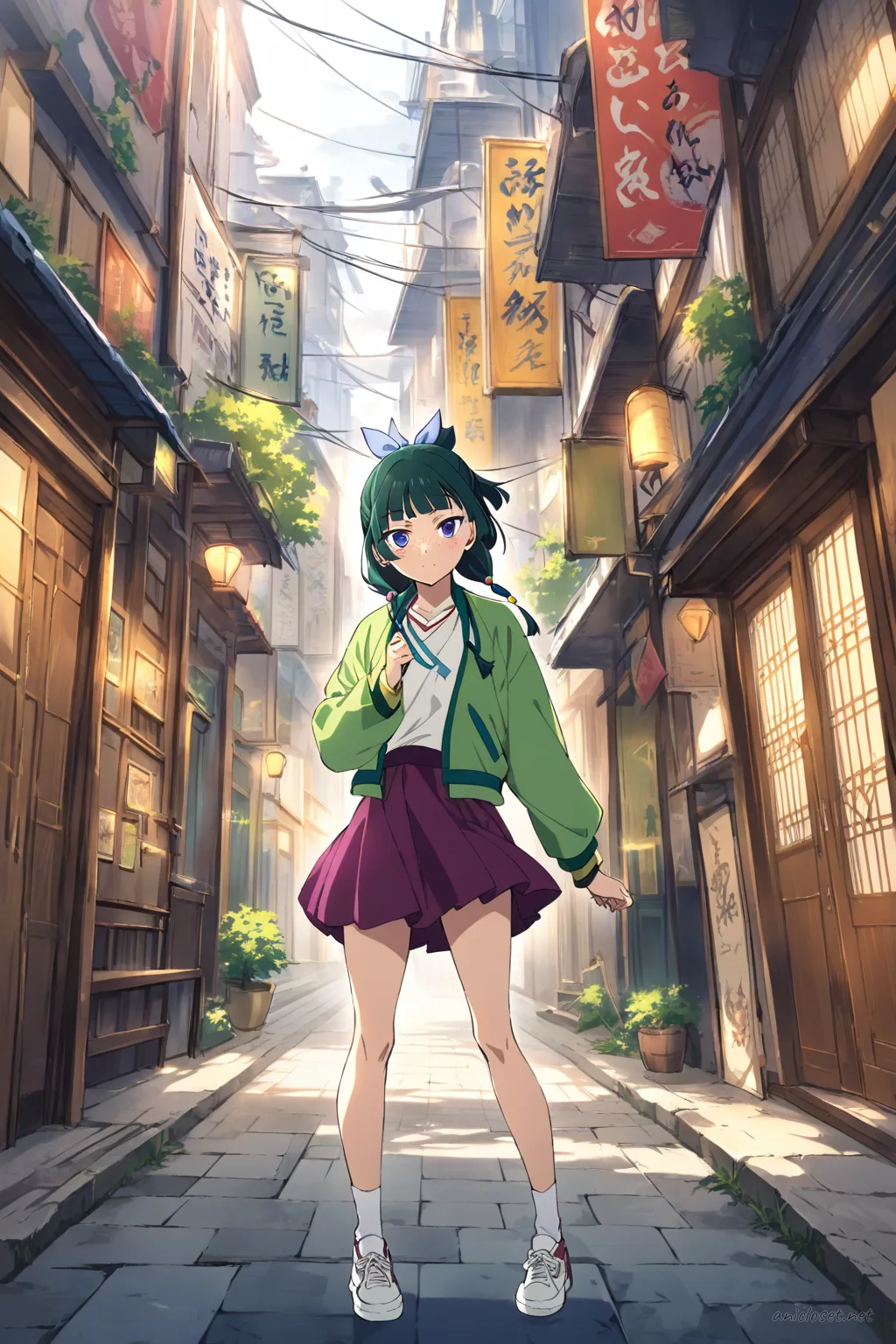 Illustration of Maomao in a cropped bomber jacket, short tennis skirt, and white sneakers walking near elevated train tracks under overcast city light