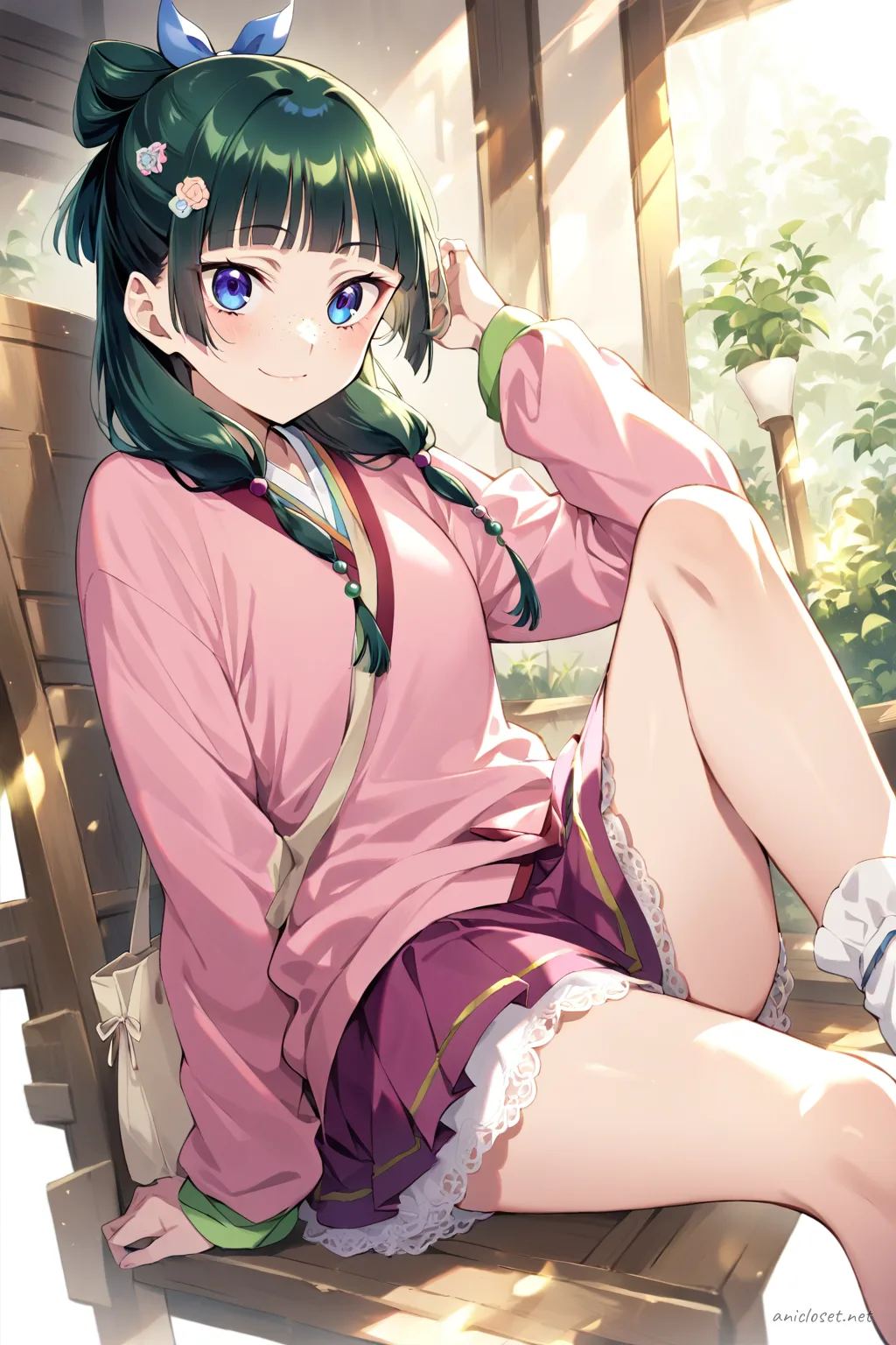 Illustration of Maomao seated by a cafe window wearing a pastel pink cardigan, white mini skirt, white tote bag, pastel hair clips, white ankle socks, and white platform sneakers with soft street daylight outside