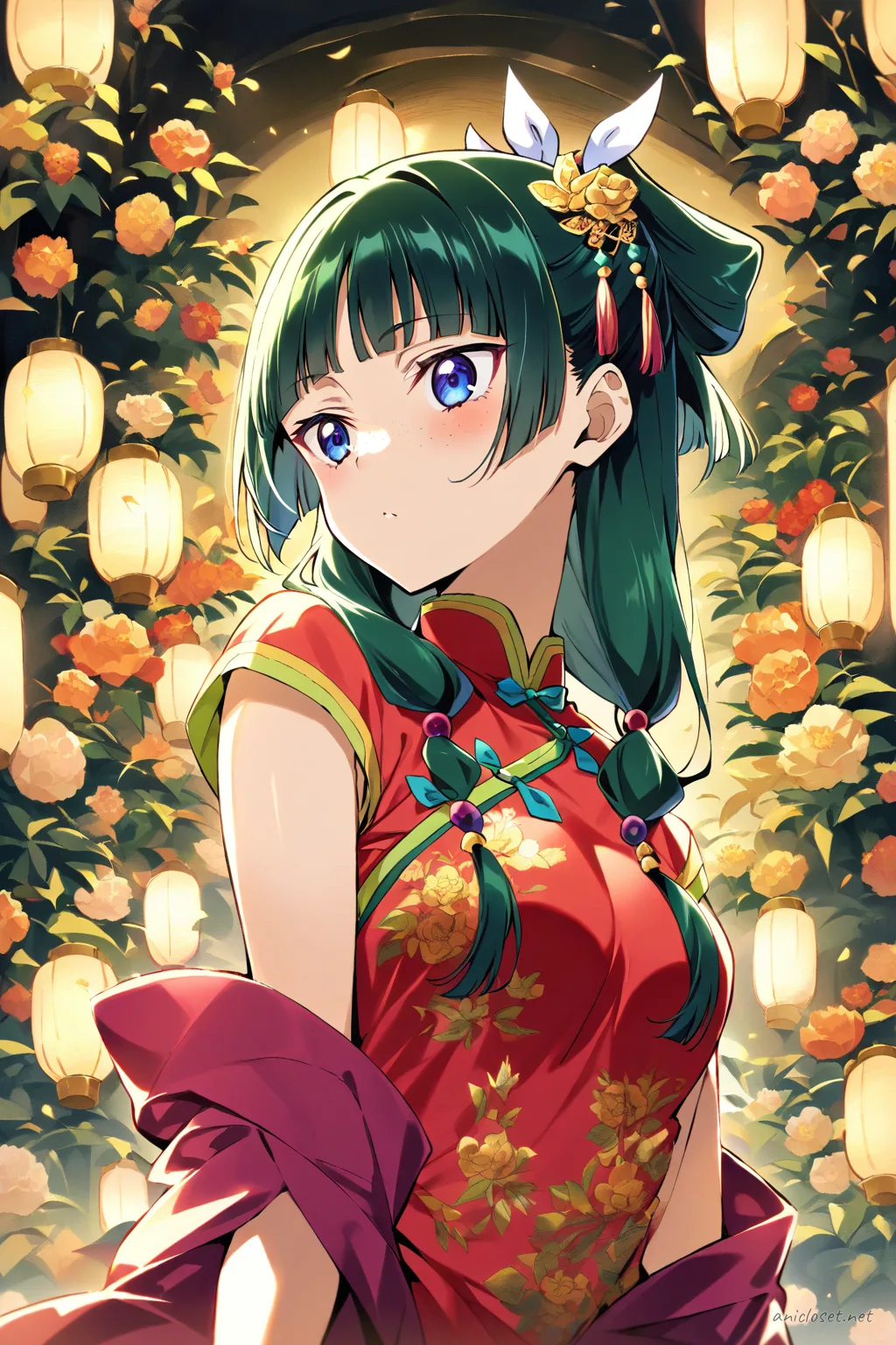 Full-body illustration of Maomao wearing a classic red qipao with gold trim, frog buttons, and modest hem, standing against a clean studio backdrop