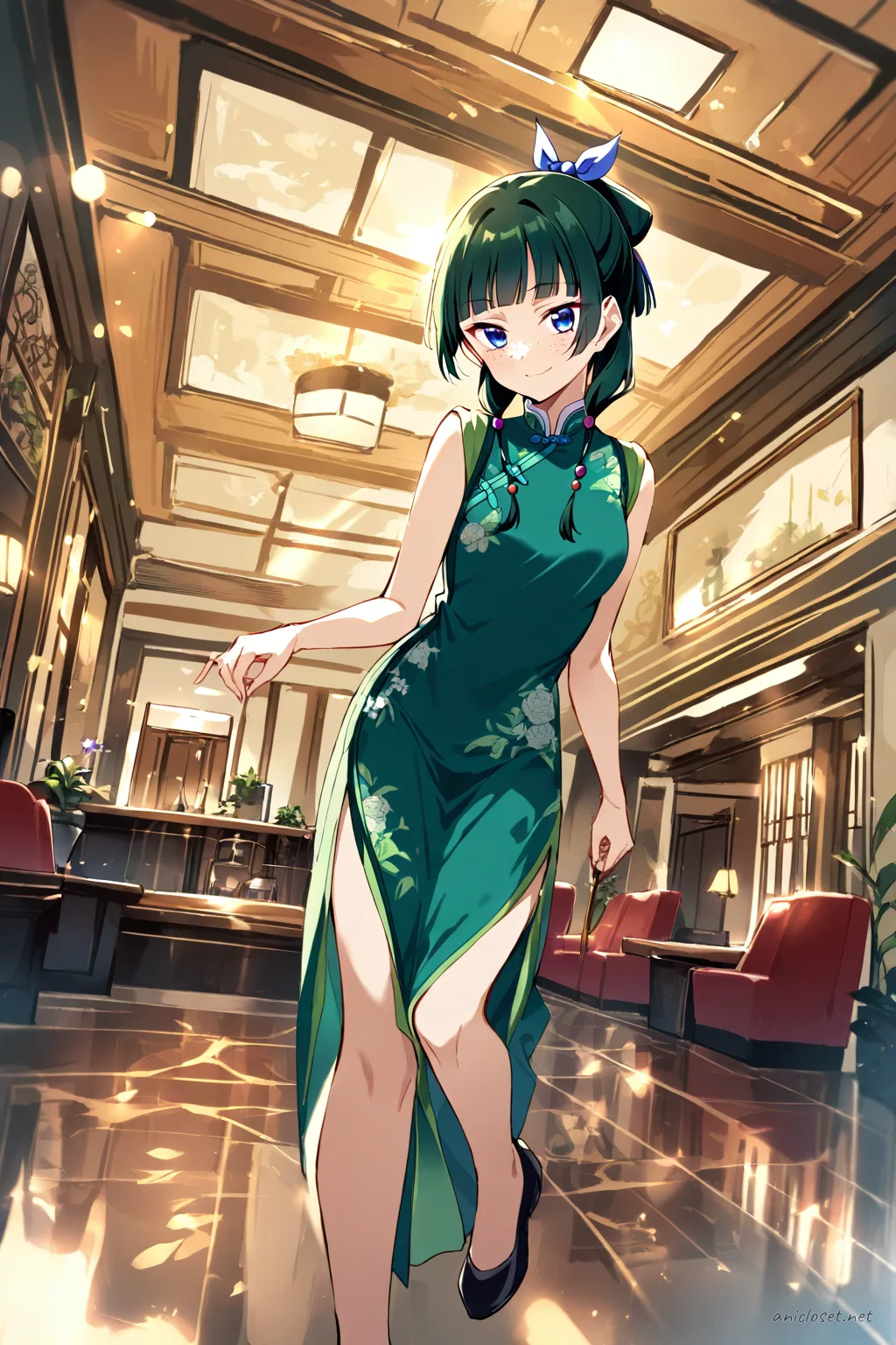 Illustration of Maomao wearing a navy cheongsam with floral embroidery and side slits, viewed from the front in a cowboy shot