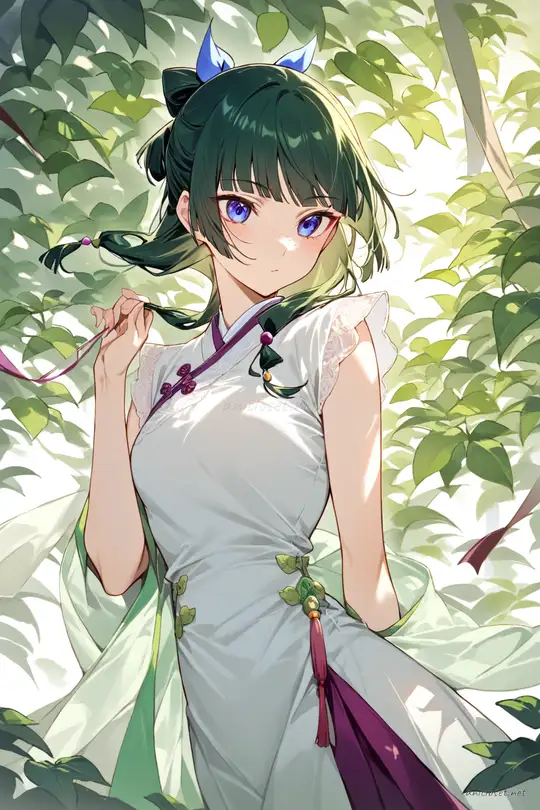 Illustration of Maomao wearing a white silk qipao with lace trim and frog buttons, sleeveless with a high slit and mandarin collar, paired with white flats