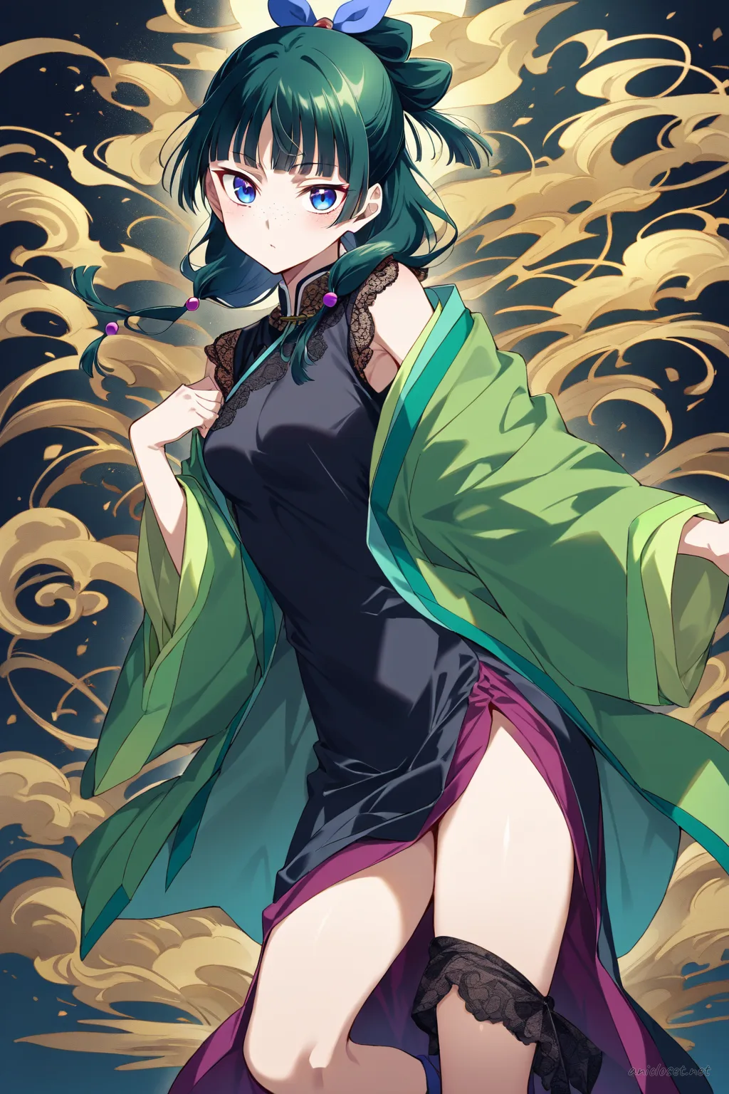 Full body illustration of Maomao wearing a sleek black qipao with minimal lace trim, high collar, simple side slits, and black flats, standing