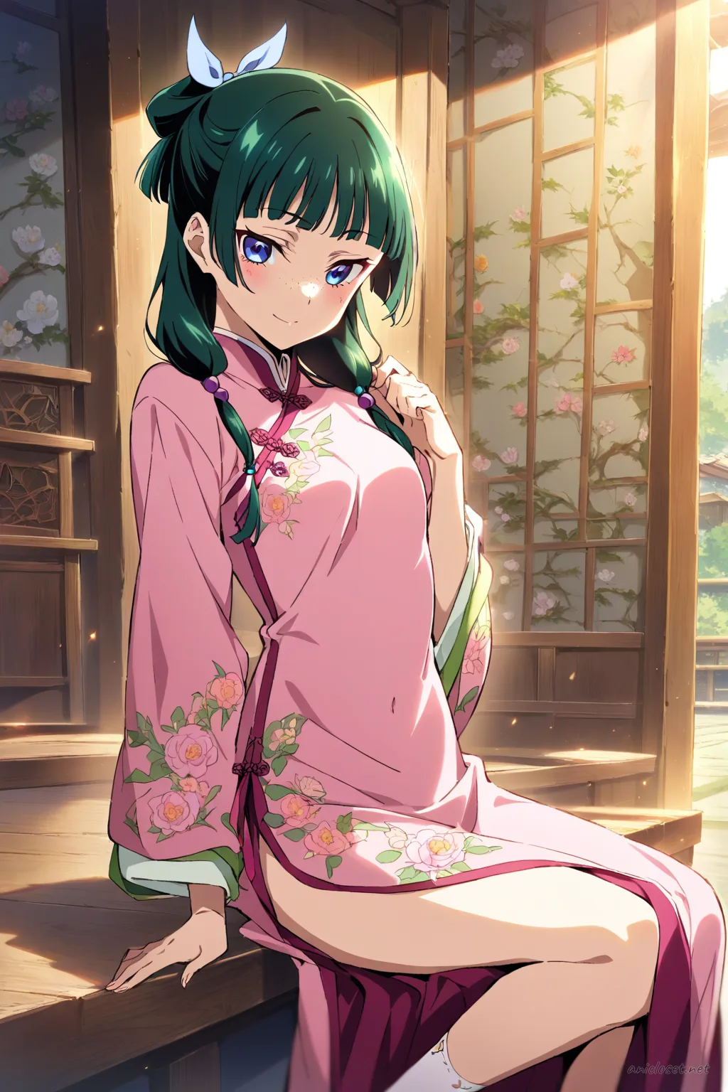 Illustration of Maomao wearing a pastel pink qipao with floral embroidery, mandarin collar, side slit, lace trim, and a hair ribbon