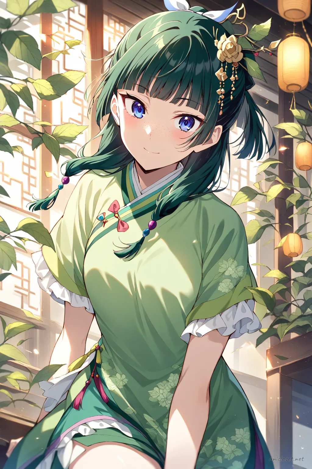 Illustration of Maomao wearing a short qipao dress with white frilled apron, ankle socks, mary jane shoes, and frilled headband in a tea-house setting