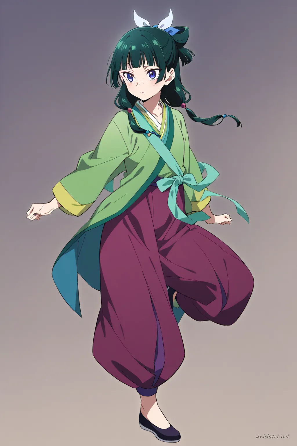 Illustration of Maomao wearing a qipao top with wide leg trousers and ribbon sash, viewed from the front in a cowboy shot