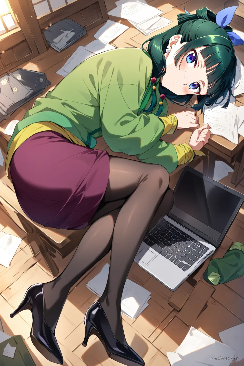 Illustration of Maomao wearing a charcoal pencil skirt and fitted knit sweater, accessorized with pearl earrings and black heels, leaning on a desk with laptop and papers