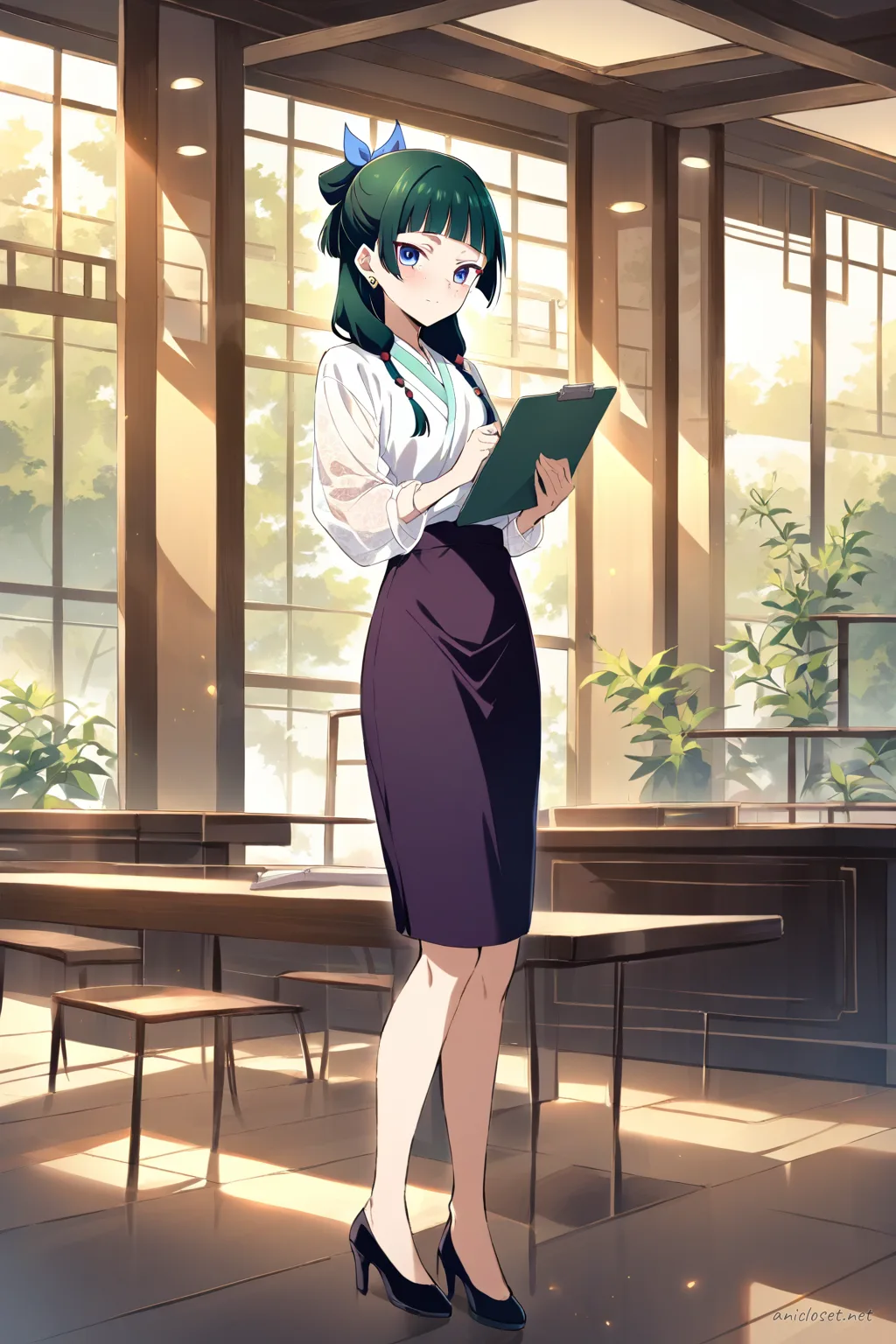 Maomao wearing a white button-up blouse with simple collar, black midi pencil skirt, and classic black pumps, holding a clipboard in a bright office
