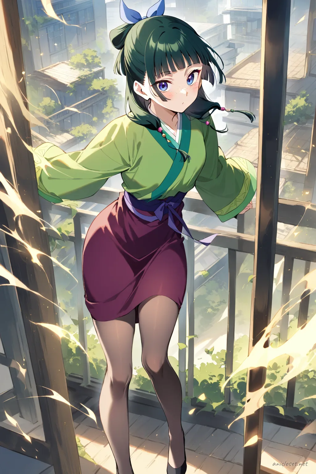 Illustration of Maomao in a navy wrap blouse and knee-length pencil skirt, leaning on a balcony railing with wind blowing through her hair