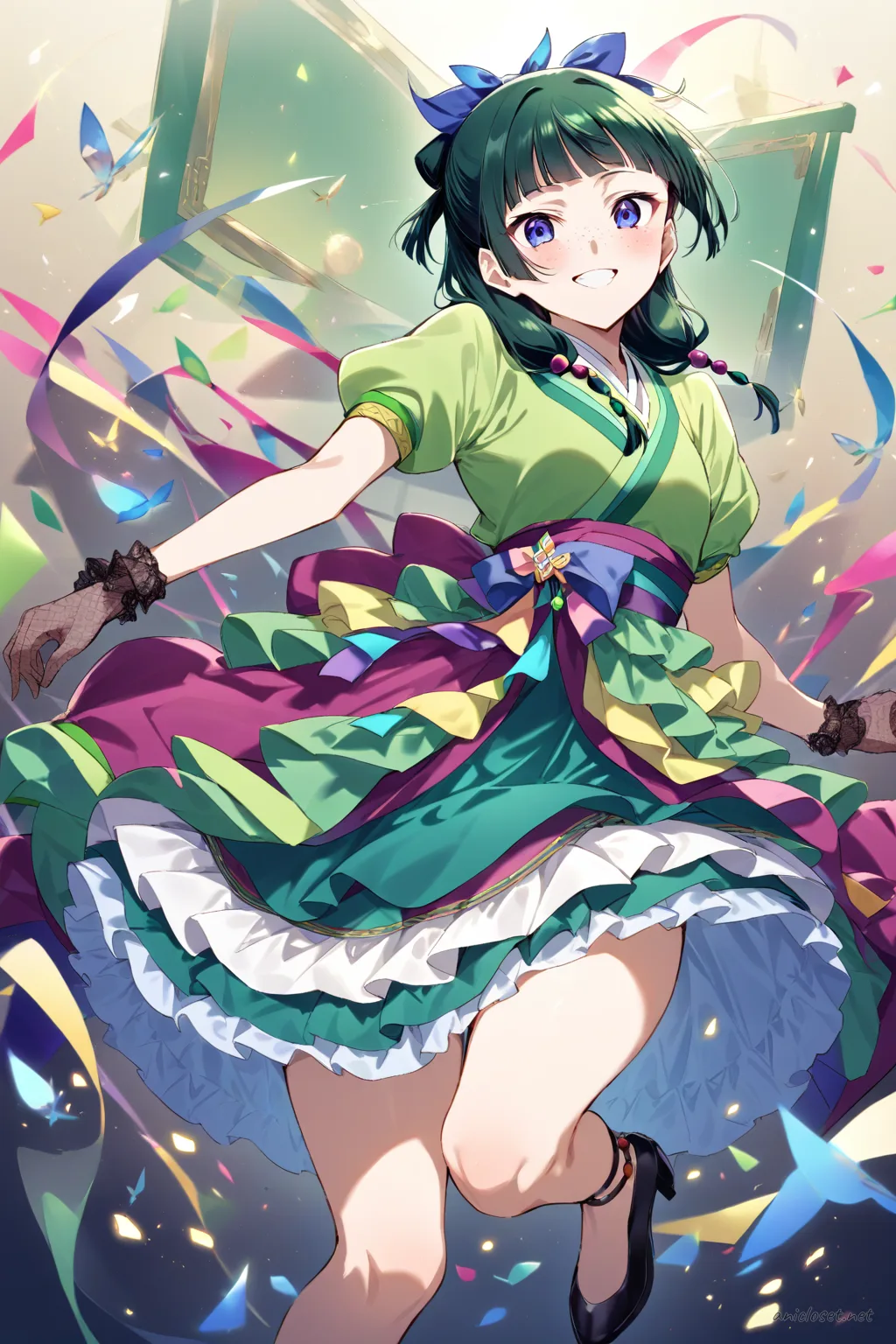 Illustration of Maomao wearing a frilly idol mini dress with layered skirt, stage bow, white thighhigh socks with ribbon tops, and mary janes