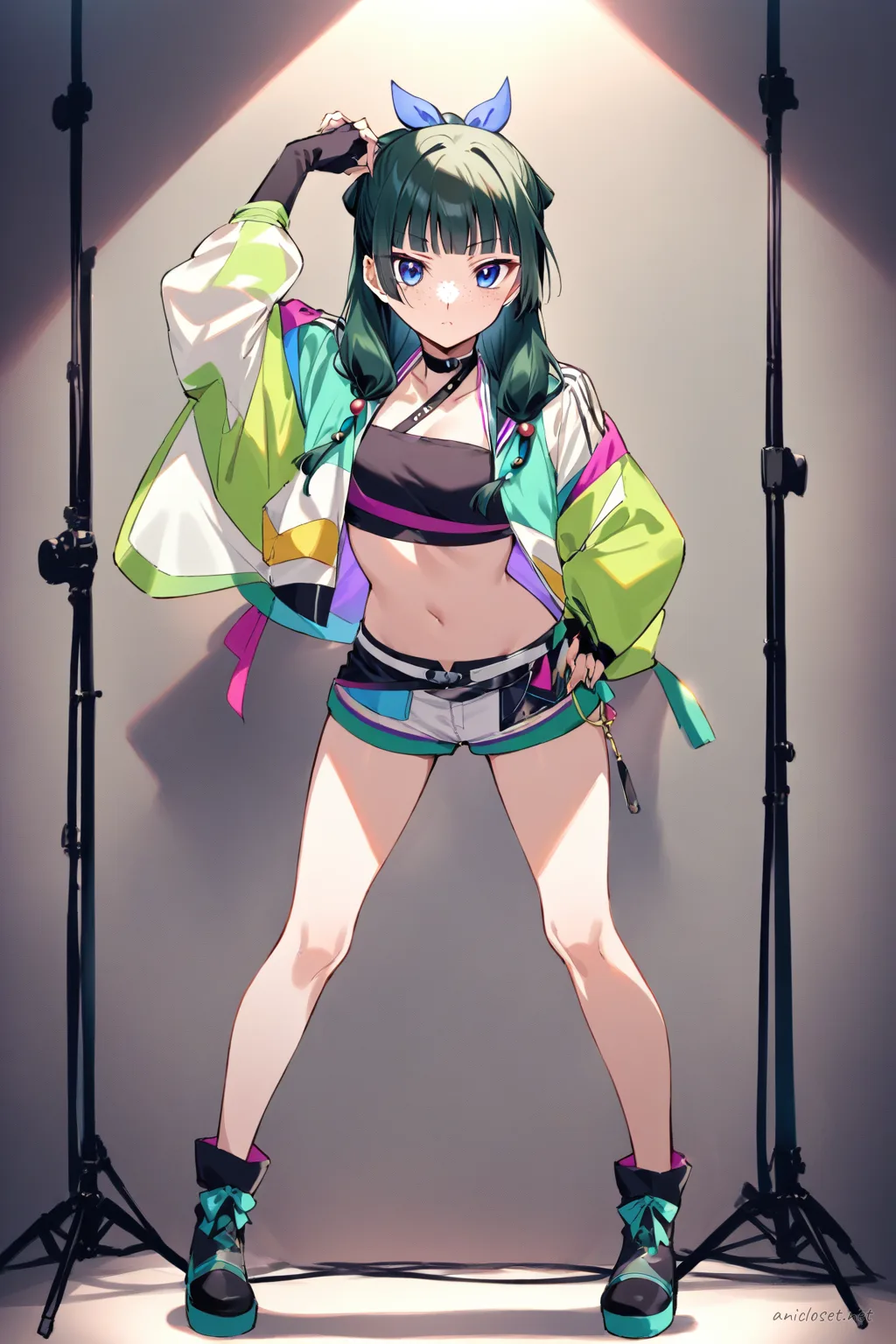 Full-body illustration of Maomao wearing a colorful cropped jacket and high-waisted shorts with sequin trim, fingerless gloves, ankle boots, and star brooch on a clean studio backdrop