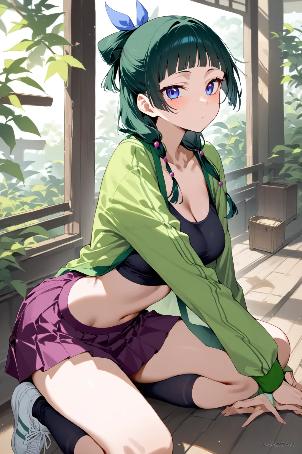 Illustration of Maomao in sporty idol costume with crop top, pleated mini skirt, knee-high socks, sneakers, and holding a microphone