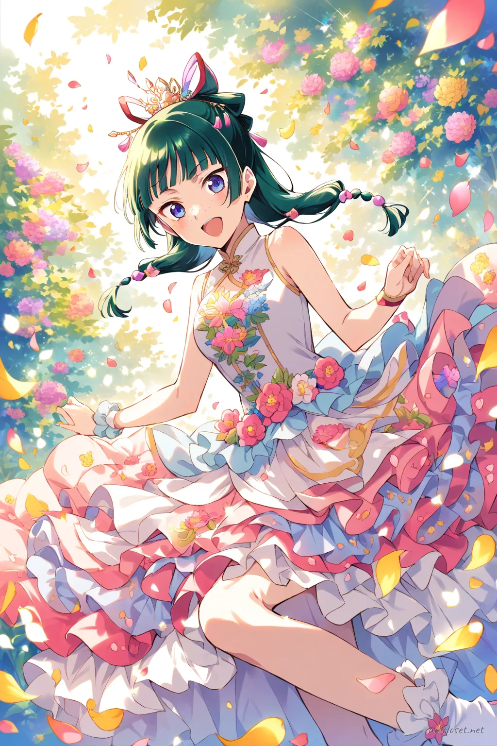 Maomao wearing a flower motif idol dress with layered petal skirt, puff sleeves, ribbon belt, and ankle strap heels in bright stage colors