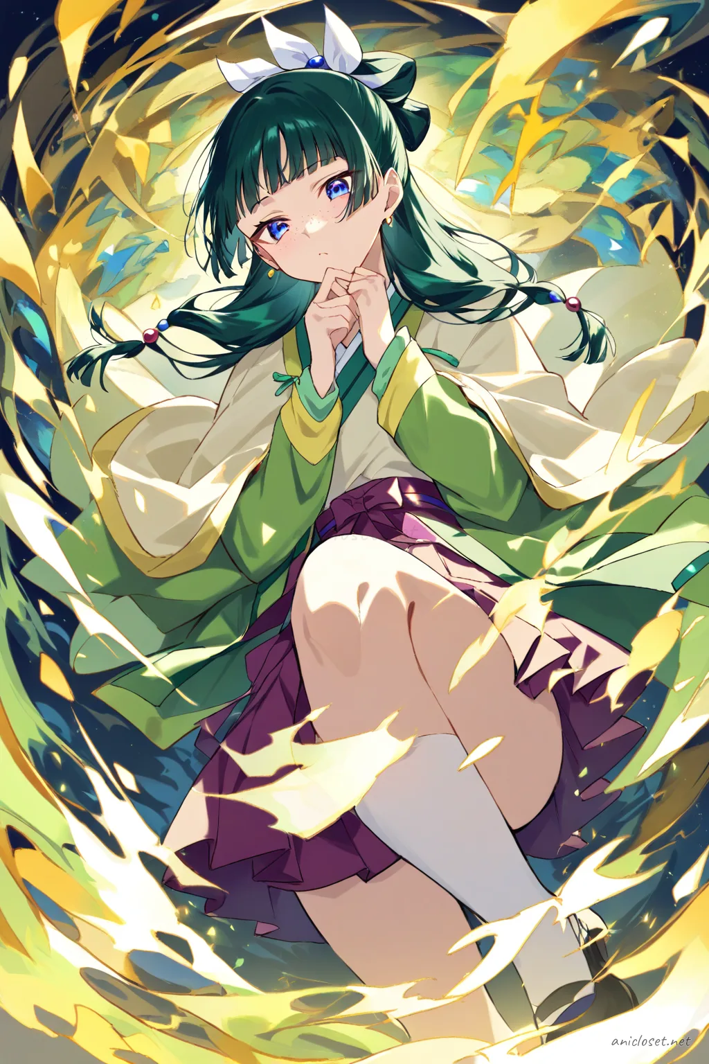 Knee-up half-body illustration of Maomao in winter idol costume with capelet, long sleeve blouse, pleated mini skirt, knee high socks, and mary jane shoes under soft studio lighting