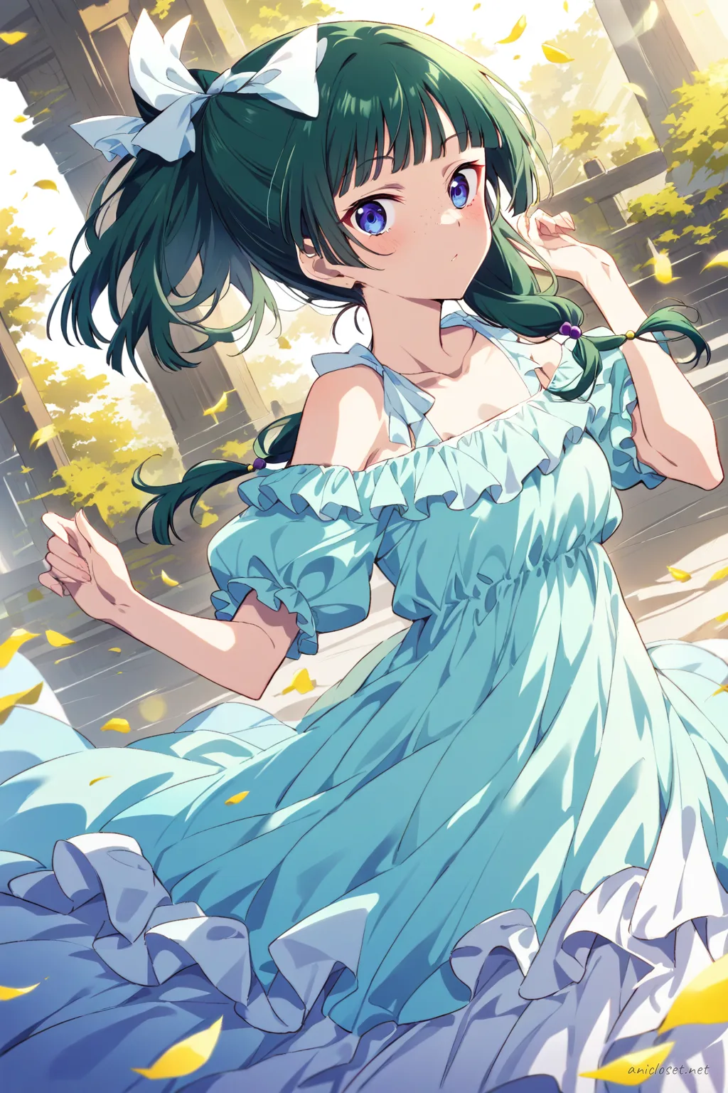 Illustration of Maomao wearing a pastel blue off-shoulder midi dress with ruched bodice, flared skirt, ankle strap heels, and hair ribbons