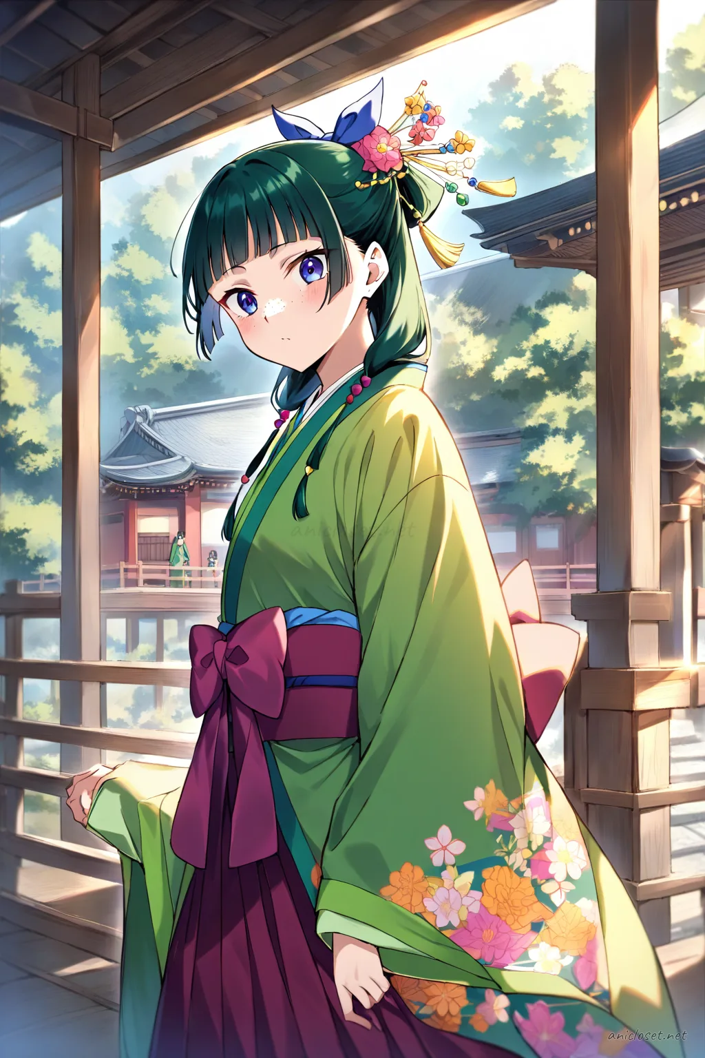 Full body illustration of Maomao standing in a short modern kimono-dress with bold floral print, high-contrast obi sash, and lace tabi boots