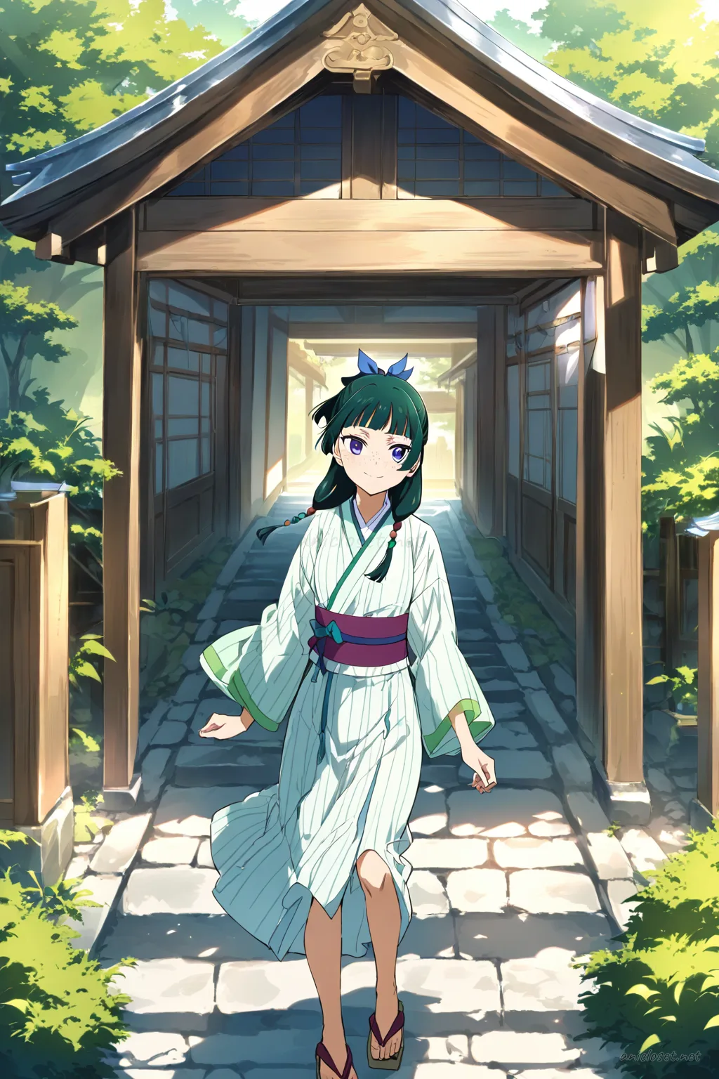 Full body illustration of Maomao standing in a summer yukata with simple vertical stripes, obi belt, and wooden geta sandals, bare legs visible