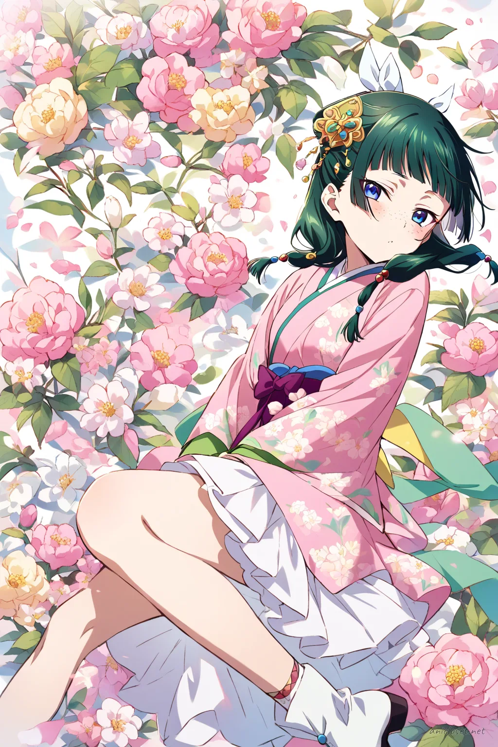 Full body illustration of Maomao wearing a pastel floral kimono dress with a simplified obi belt and ankle boots, standing with shoes visible
