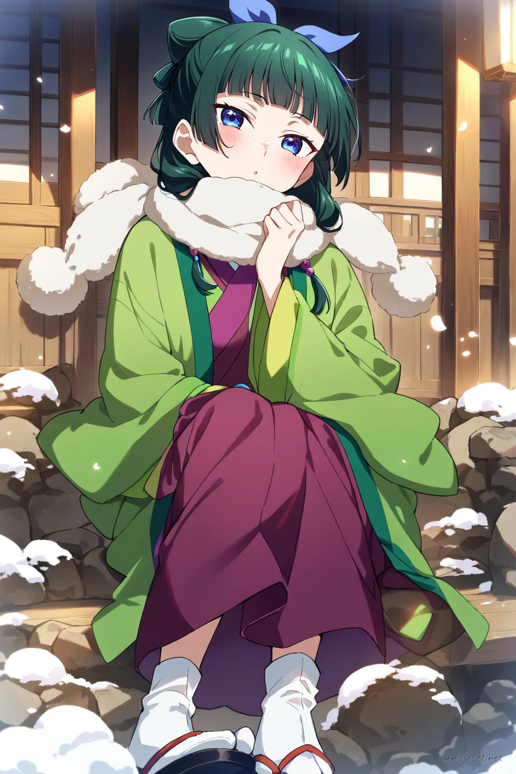 Illustration of Maomao wearing a cropped haori over a fitted tank and high-slit hakama skirt with sneakers, posed mid-stride in soft daylight