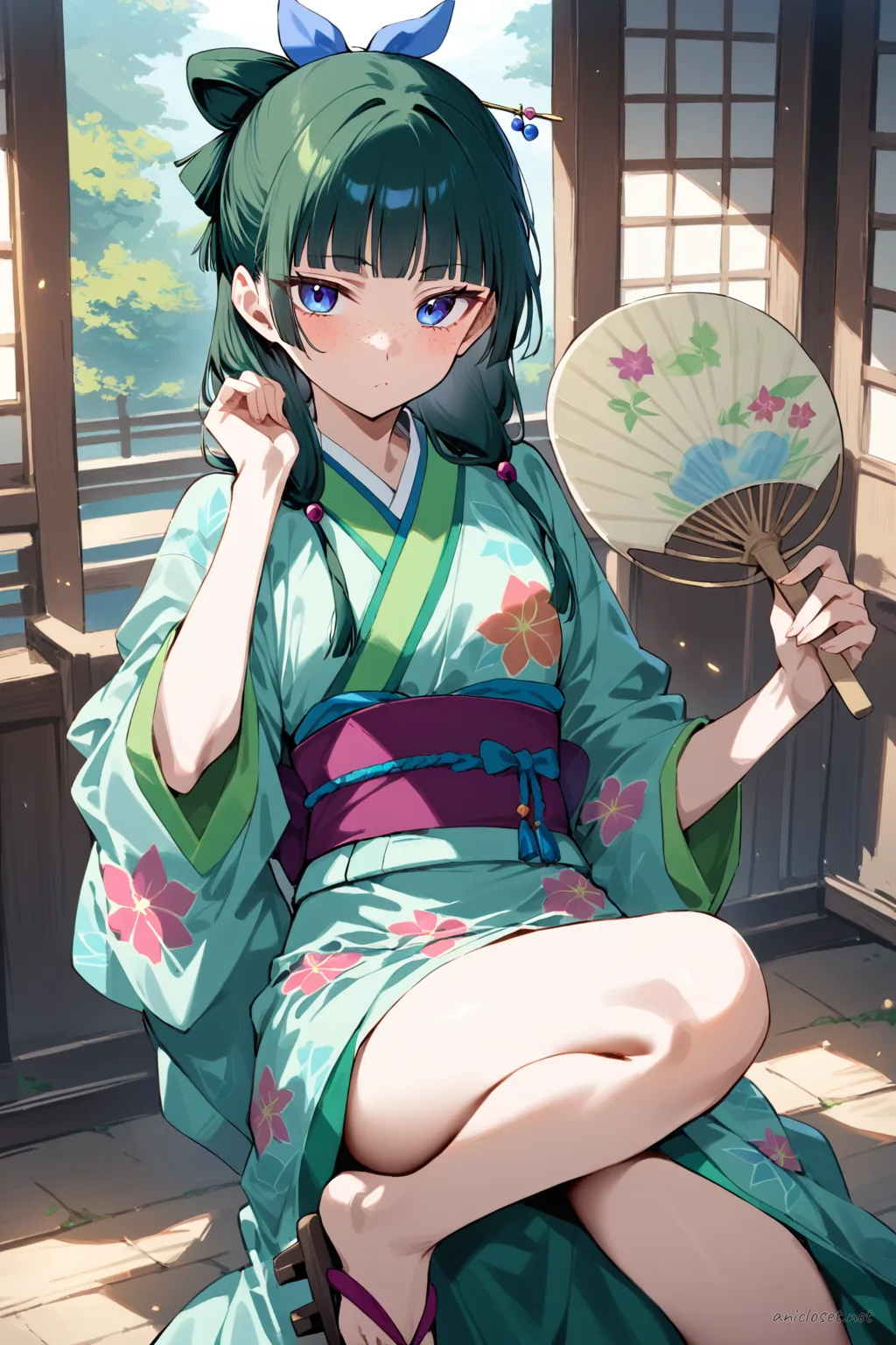 Full-body illustration of Maomao wearing a bright floral festival yukata with obi sash, holding an uchiwa fan, and wearing geta sandals against a clean studio backdrop