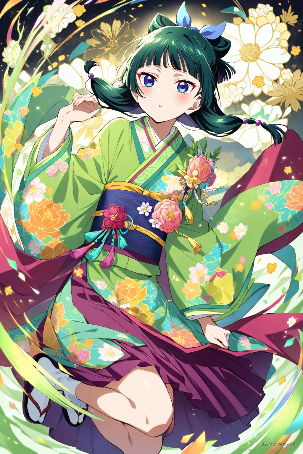 Maomao wearing a colorful hakama over a floral patterned kimono with a wide obi belt and flower corsage, knee-up half-body view