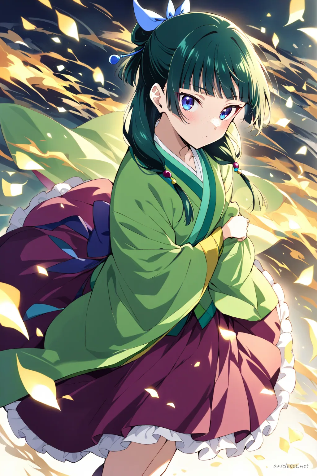 Illustration of Maomao wearing a simplified modern wa-Lolita kimono with clean sleeves and plain petticoat skirt