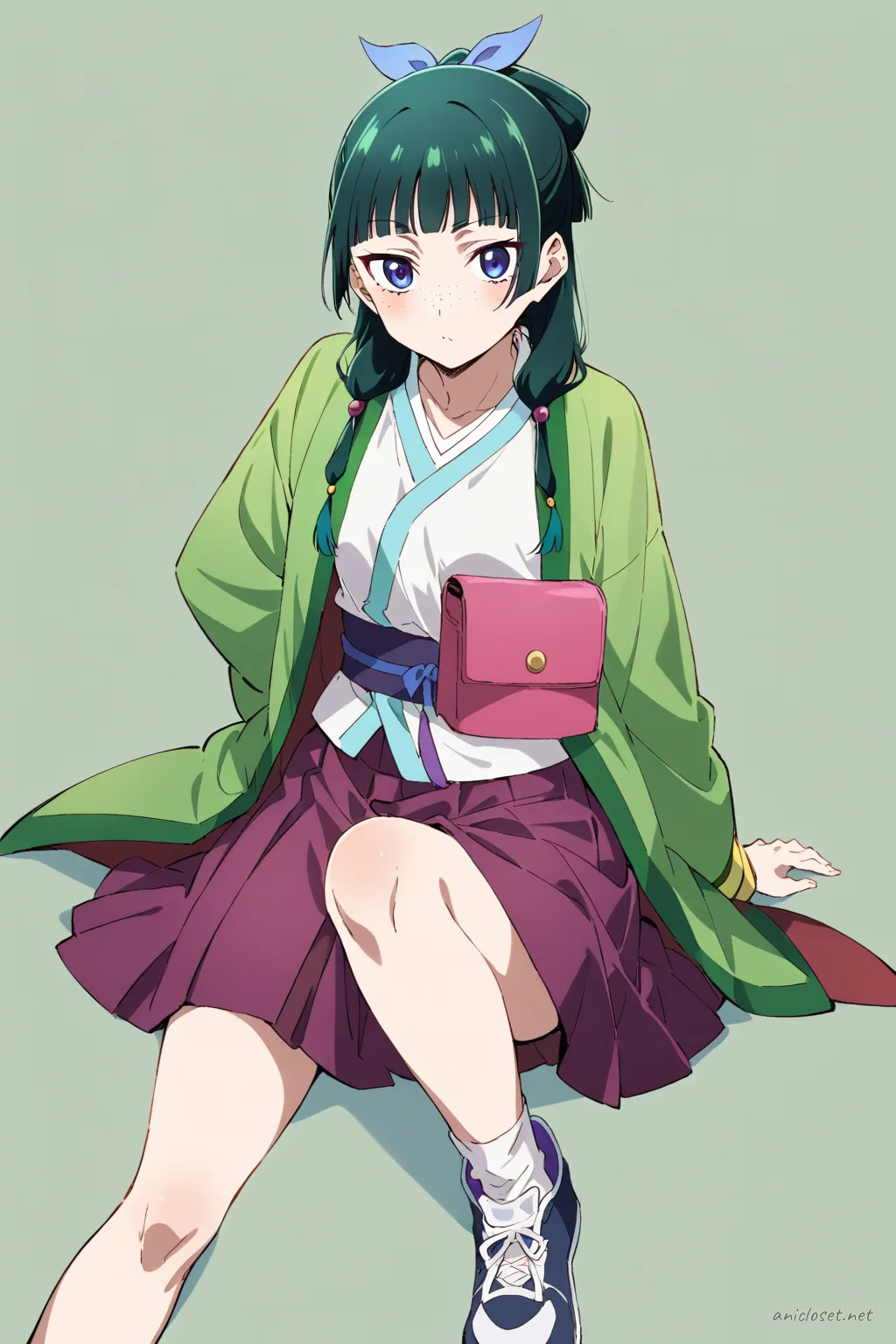 Full body illustration of Maomao wearing a streetwear kimono jacket over a graphic tee and pleated skirt, accessorized with an obi-belt bag and sneakers, standing