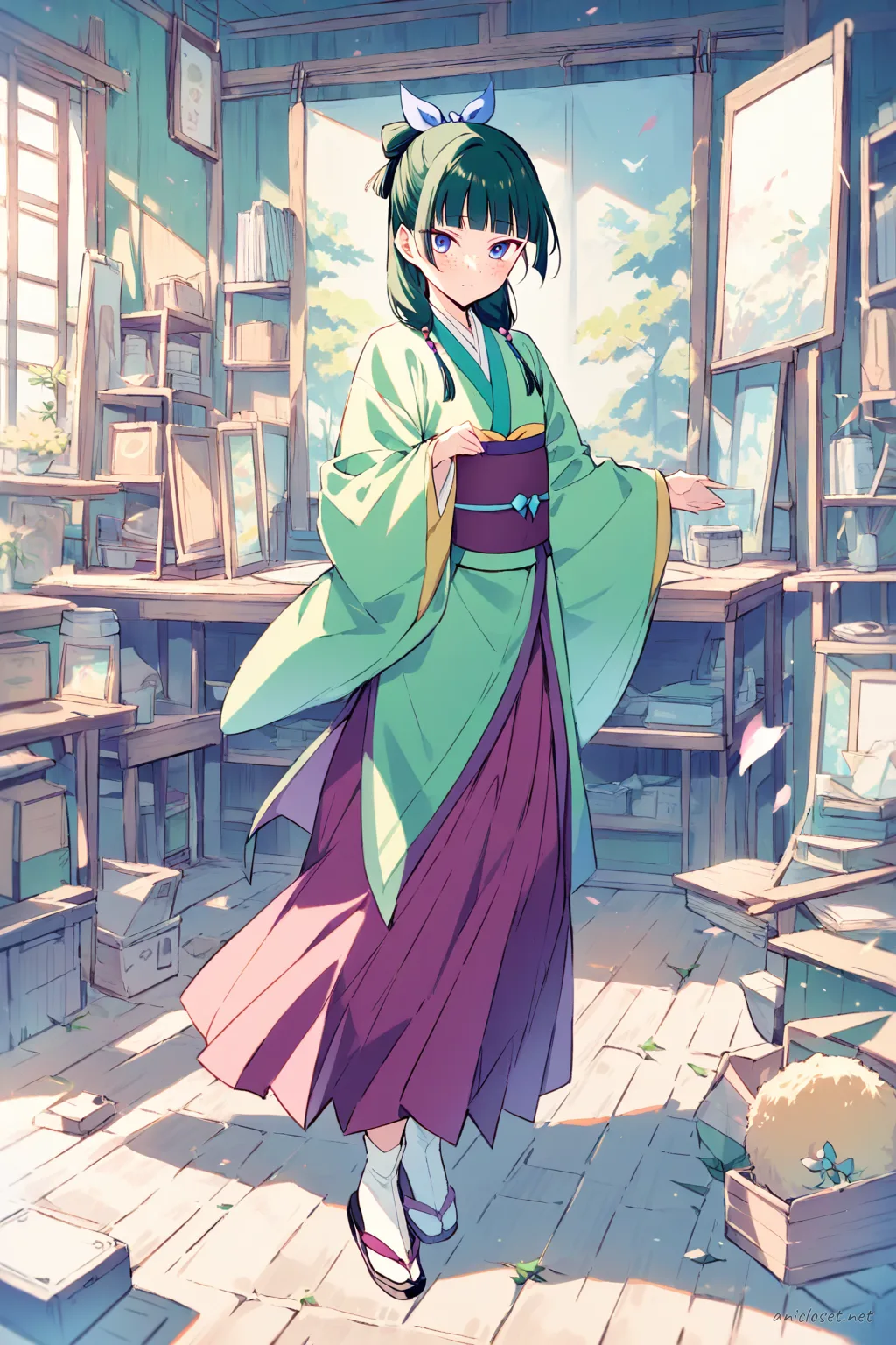 Illustration of Maomao wearing a pastel komon kimono with a neat obi, cute hairpin, tabi socks, and zori sandals