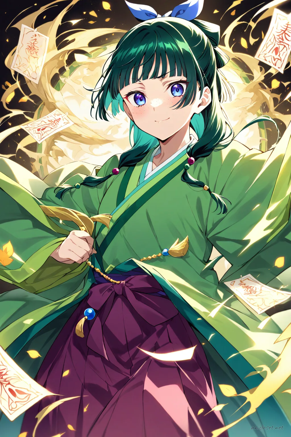 Full-body illustration of Maomao wearing onmyouji-inspired modern robes with layered haori, paper charm accents, wide obi belt, hakama pants, tabi socks, and zori sandals against a clean studio backdrop