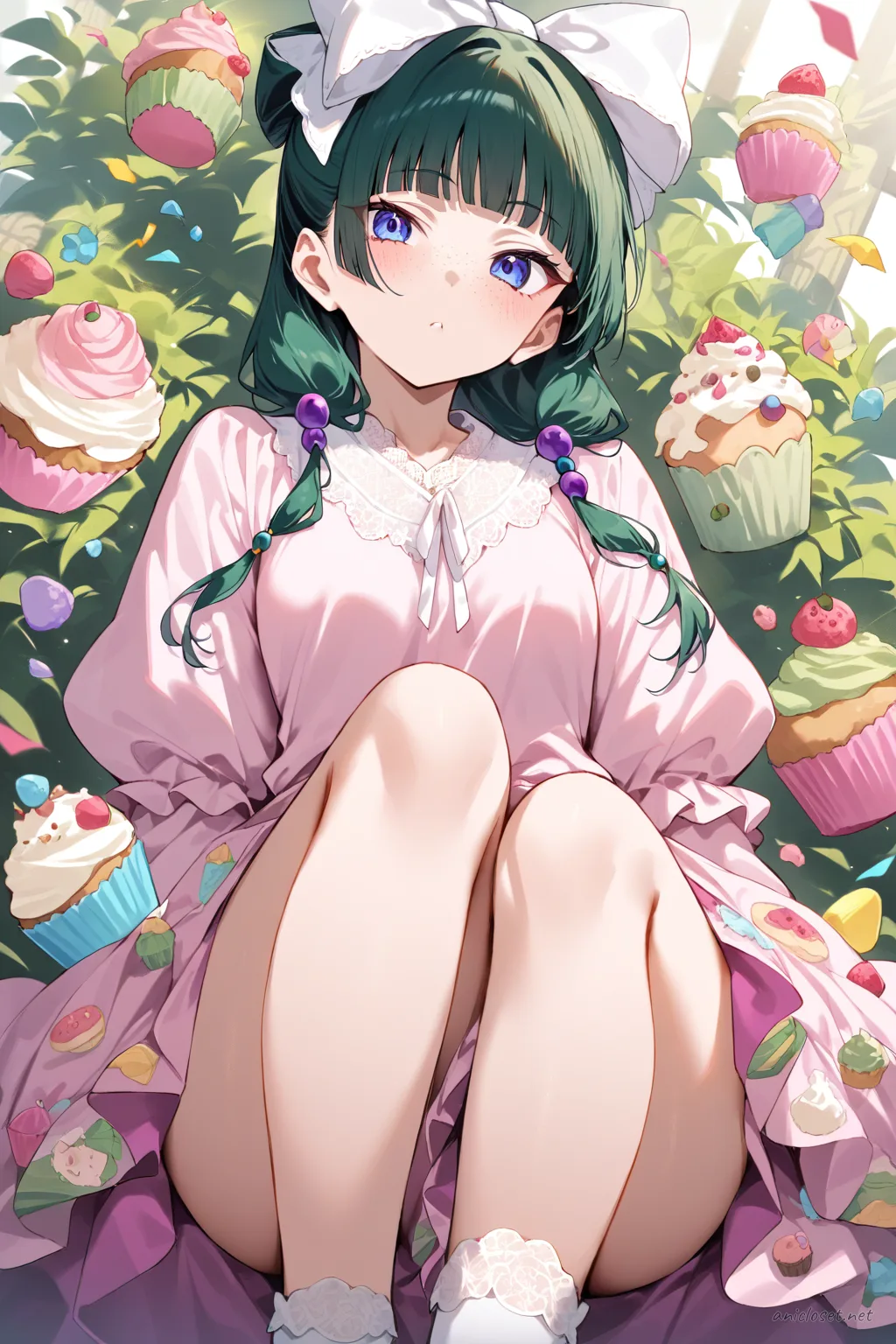 Full-body illustration of Maomao in pastel pink Lolita jumper skirt with cupcake print, puff-sleeve white blouse, large head bow, white ankle socks, and pastel pink mary janes against a clean studio backdrop