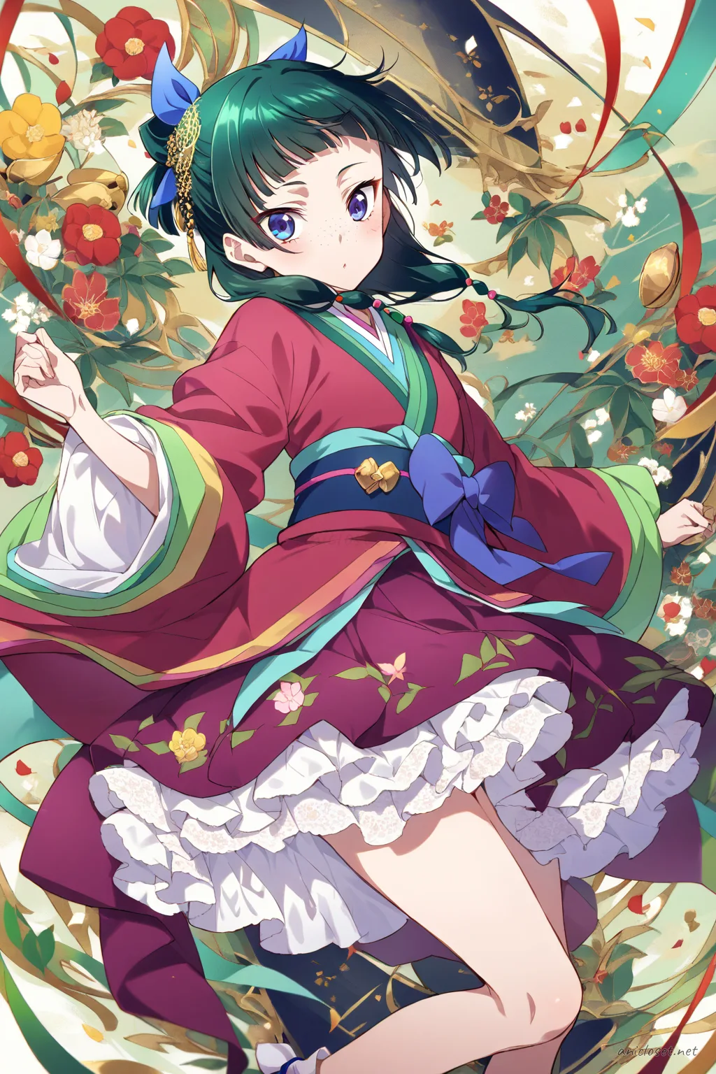 Full-body illustration of Maomao in a wa-Lolita dress with kimono sleeves, floral petticoat skirt, obi bow, lace hair ornament, white blouse, ankle socks, and Mary Janes on a clean studio backdrop