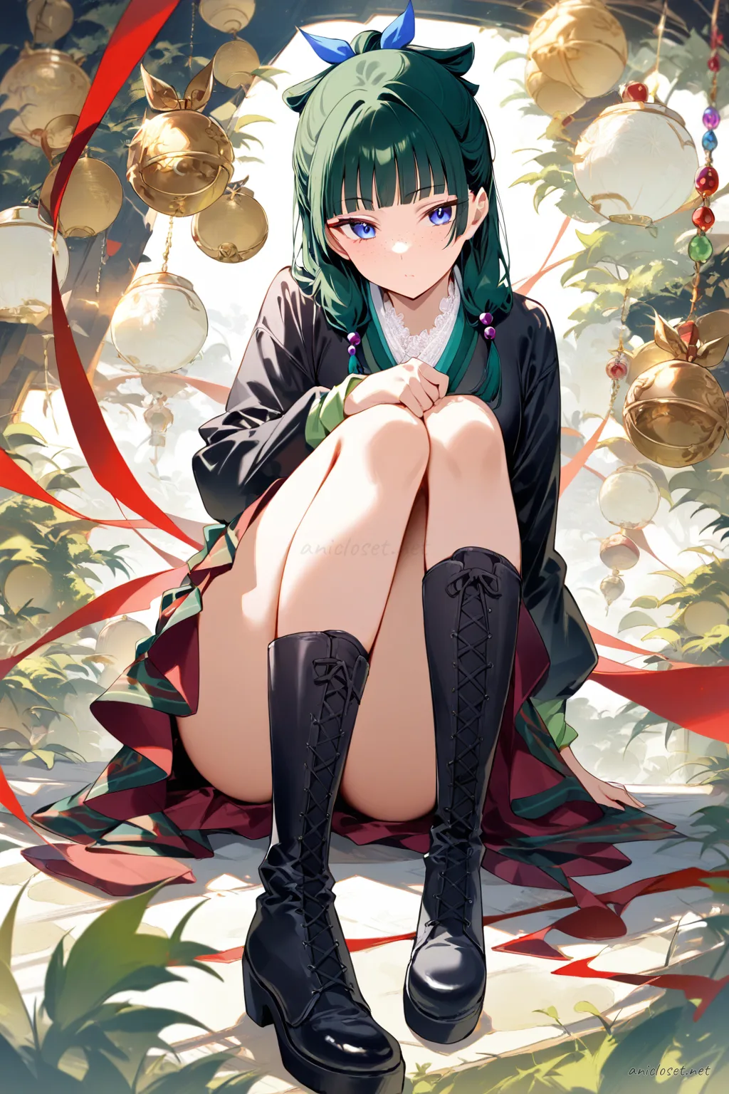 Illustration of Maomao in punk Lolita outfit with tartan skirt, cropped black leather jacket, lace-up platform boots, and silver chain belt on a clean studio backdrop