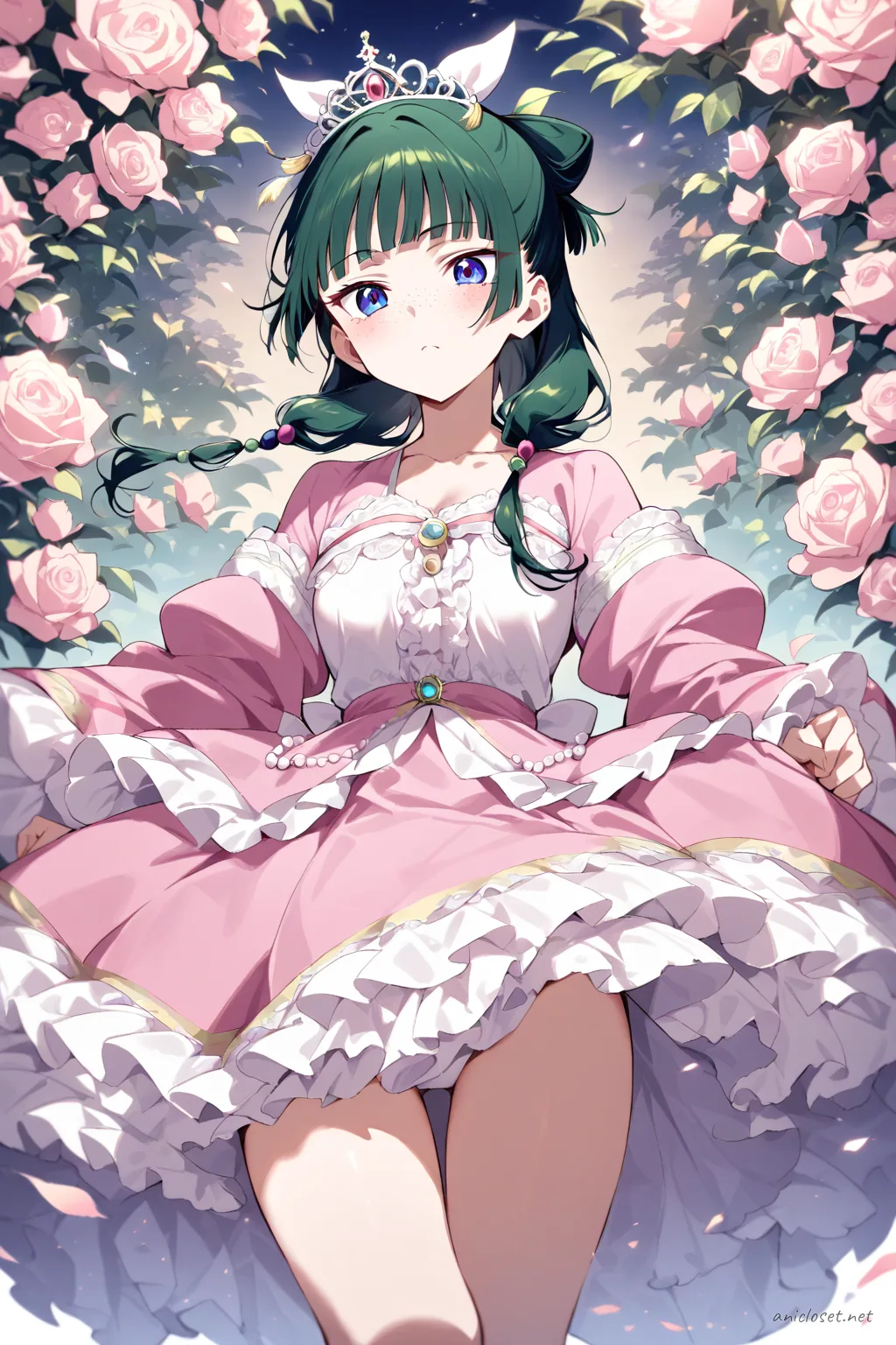 Full-body front view of Maomao wearing a rose-pink hime Lolita princess dress with ruffles, pearl trim, tiara comb, white lace gloves, and bow heels