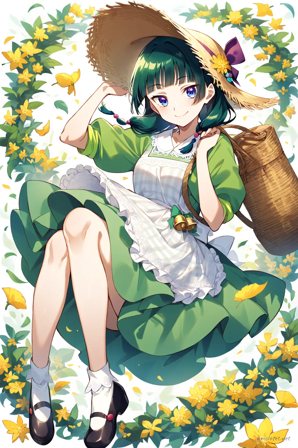 Full-body illustration of Maomao in a country Lolita gingham dress with puff sleeves, lace apron, straw bonnet, basket bag, knee socks, and mary janes, standing against a clean studio backdrop