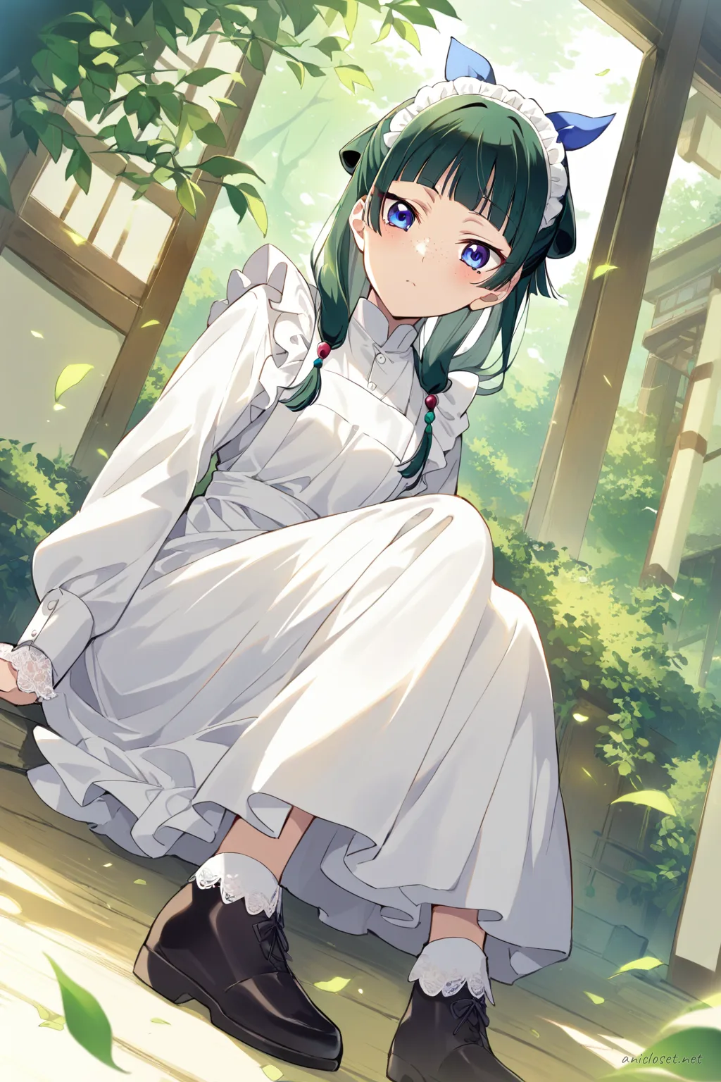 Full-body three-quarter view of Maomao in a short black cafe maid dress with heart-pocket apron, puff sleeves, frilled headdress, sheer tights, and mary janes holding a dessert plate