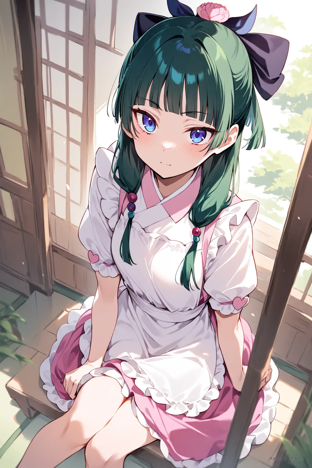 Illustration of Maomao in pastel pink maid dress with scalloped apron, heart buttons, puff sleeves, and pink bow shoes