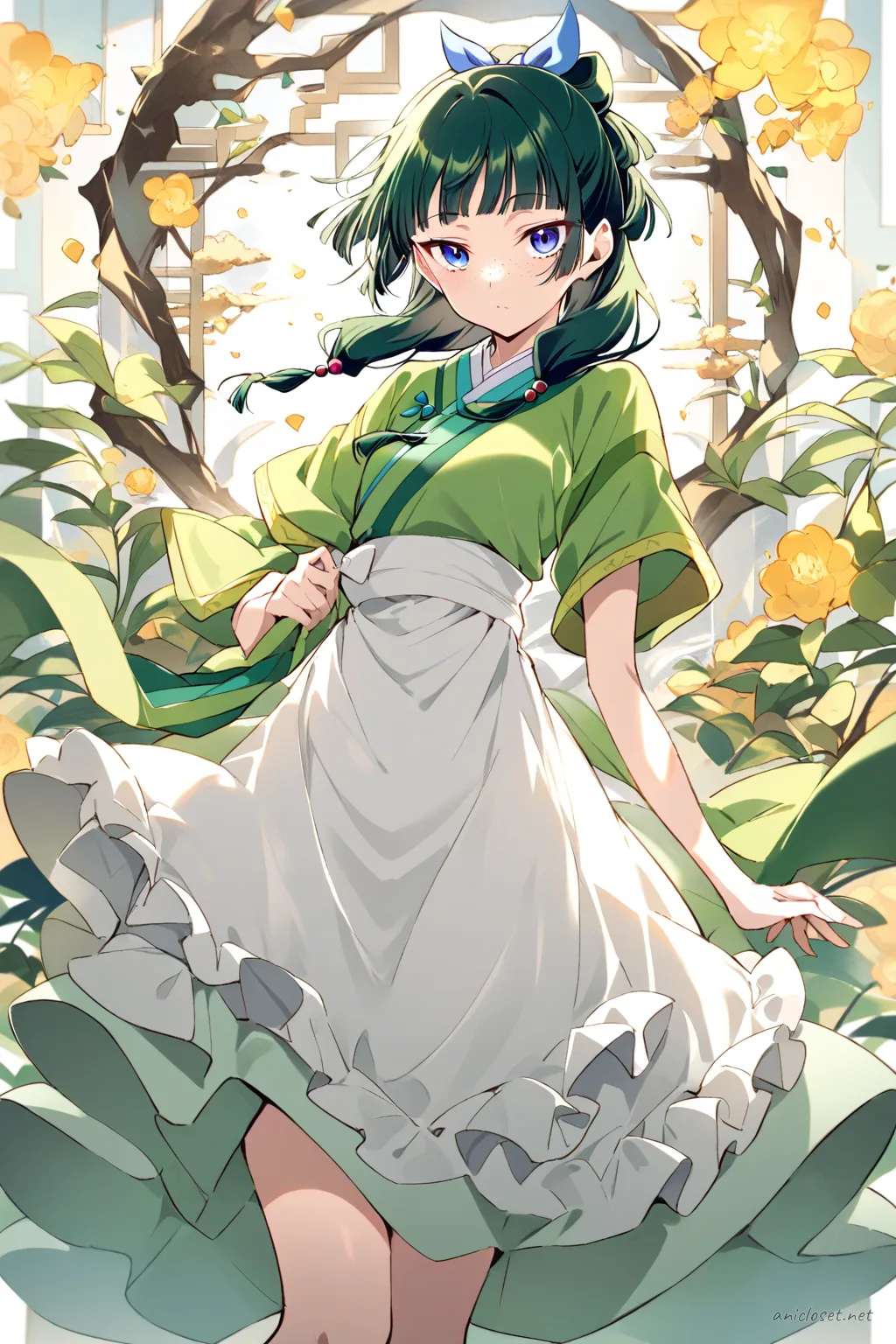 Illustration of Maomao in a maid outfit with qipao collar, short sleeves, frilled apron, and frog-button accents