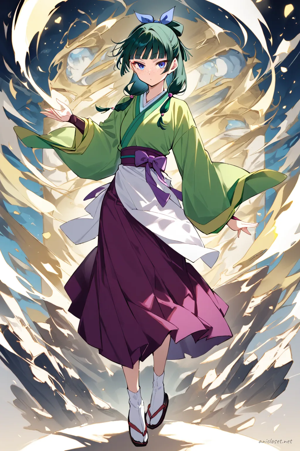 Illustration of Maomao in Maid Look 07 wearing kimono sleeves, hakama-inspired skirt, white apron, ribbon obi, tabi socks, and geta sandals