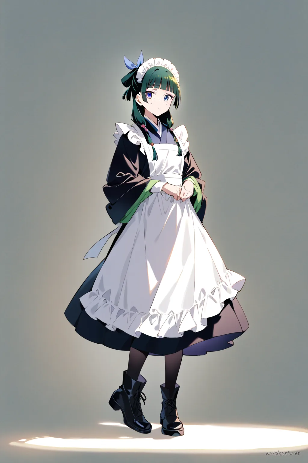 Illustration of Maomao wearing a simple velvet long-sleeve maid dress with a warm apron and ankle boots
