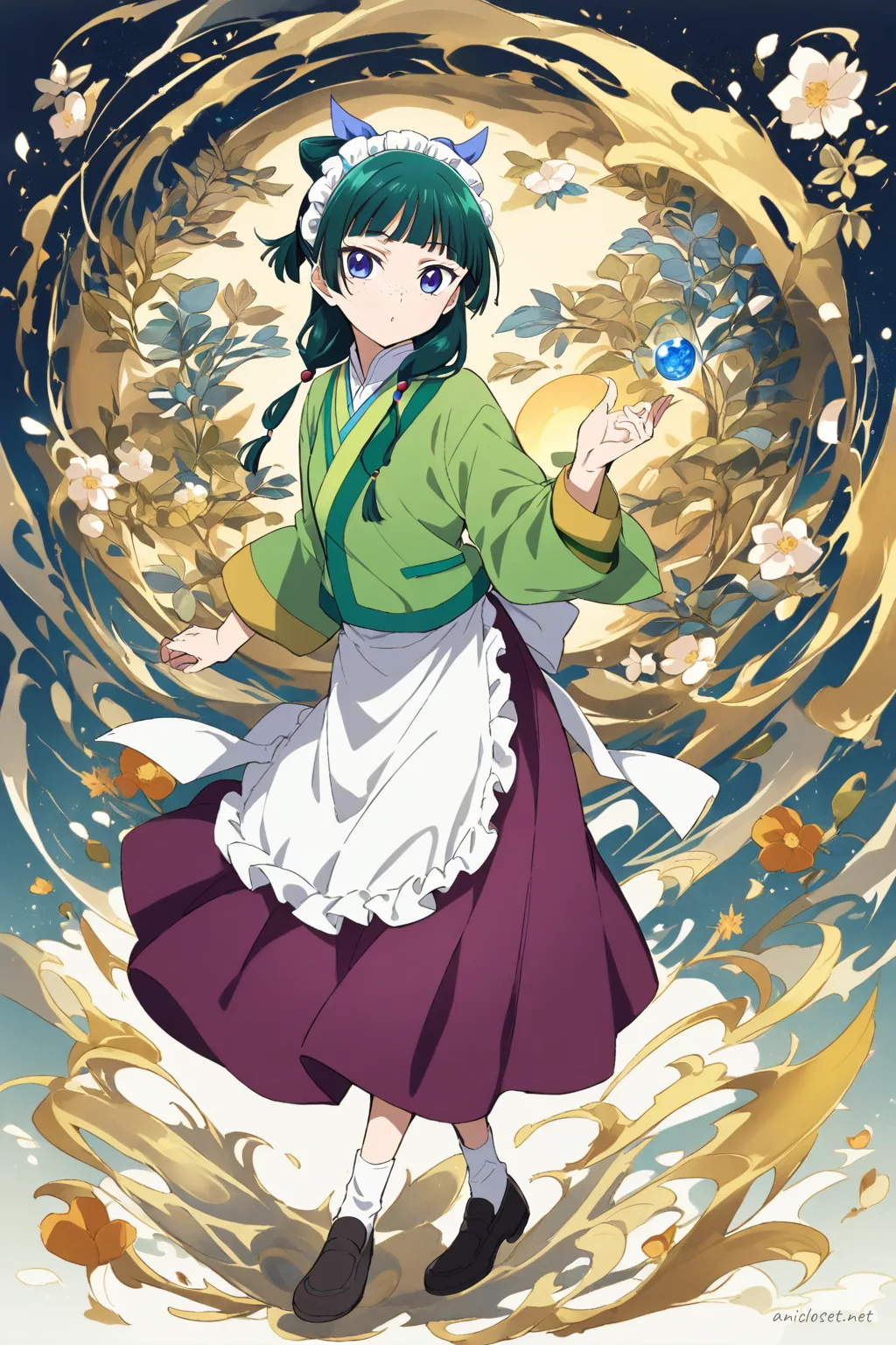 Knee-up half-body illustration of Maomao in a bakery maid uniform with striped blouse, full apron, midi skirt, kerchief, and loafers under soft studio lighting