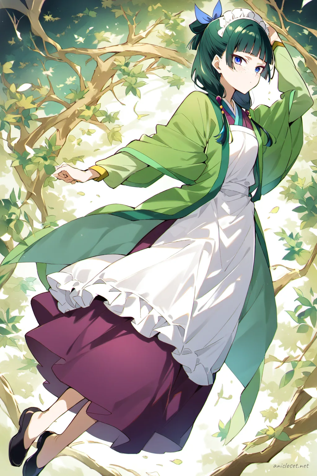 Full body illustration of Maomao standing in a tailored black maid dress with white apron panel, peter pan collar, and black low heels