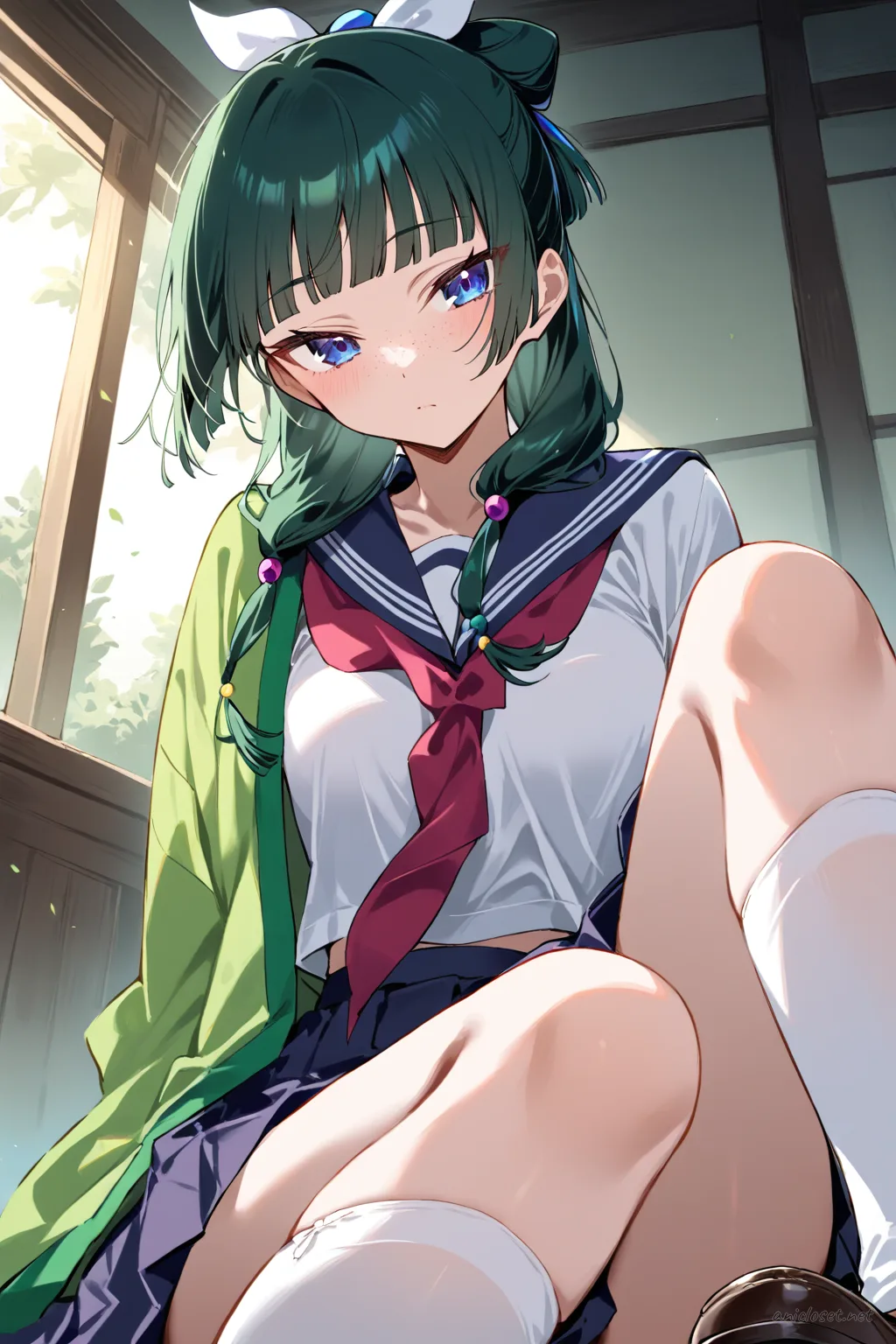 Illustration of Maomao in a navy sailor fuku with red neckerchief and pleated skirt, front view cowboy shot