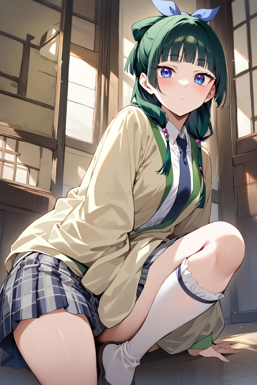Full-body three-quarter view of Maomao wearing beige blazer, necktie, plaid pleated skirt, black thighhigh socks, and loafers