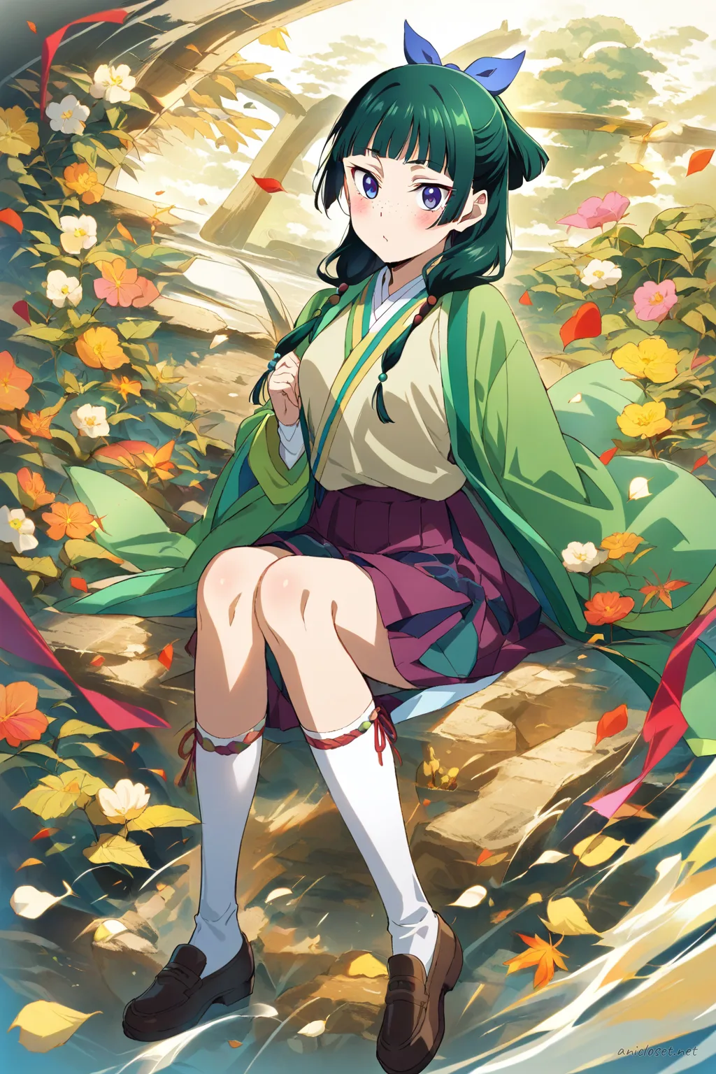 Illustration of Maomao wearing a beige sweater vest over a white button-up shirt, plaid pleated skirt, navy over-the-knee socks, and brown loafers