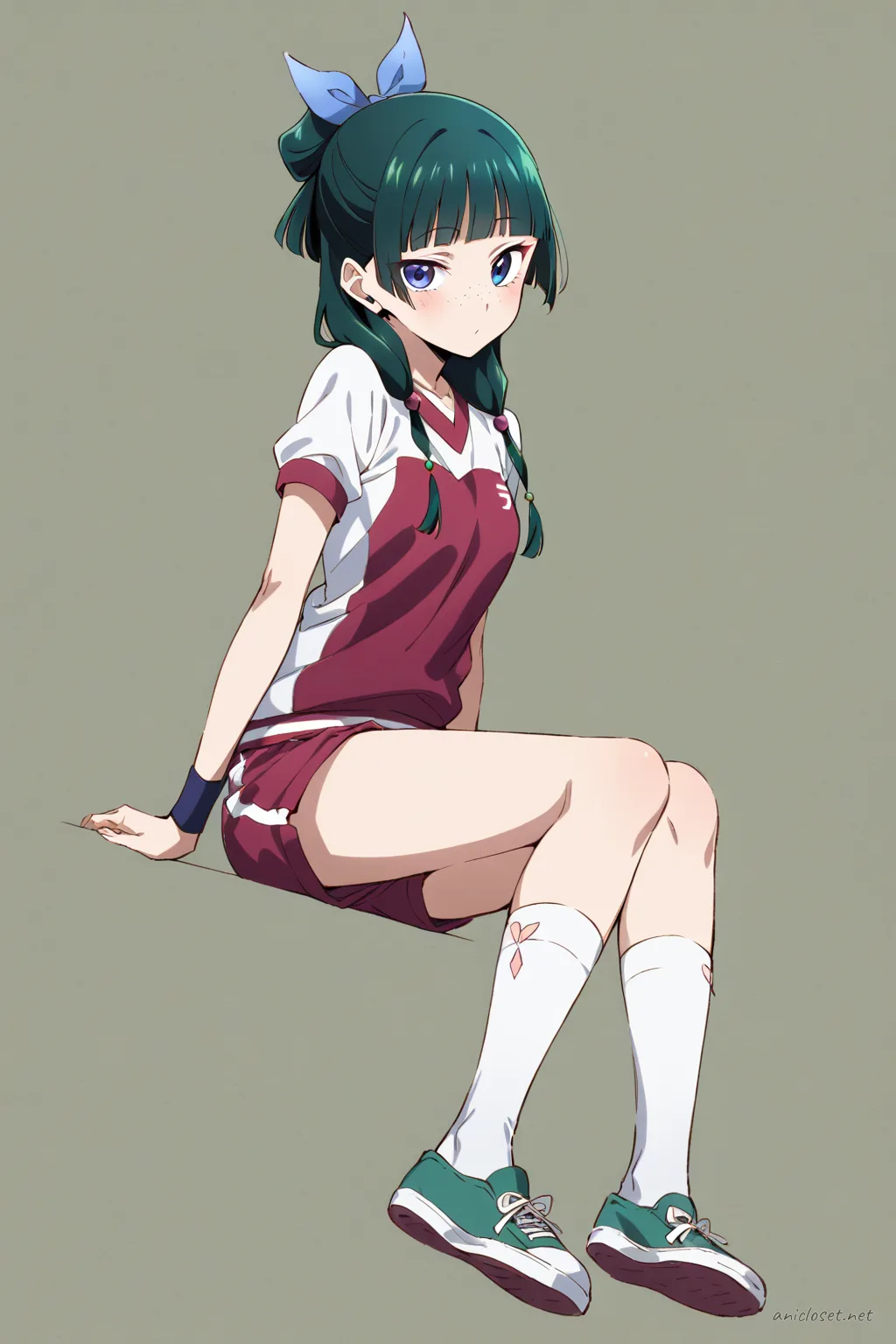 Full-body three-quarter view of Maomao in a short jersey, athletic shorts, knee socks, and sneakers showing detailed school gym outfit