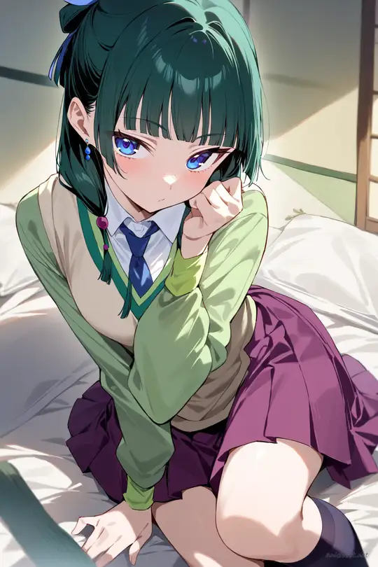 Illustration of Maomao in a school outfit with long pleated skirt, v neck sweater, collared shirt, ribbon necktie, loafers, and knee socks, front cowboy shot