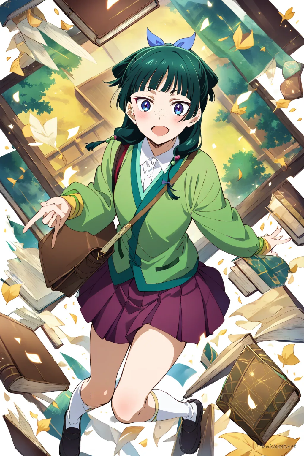 Illustration of Maomao wearing a navy cardigan, white blouse, plaid skirt, knee socks, brown loafers, and carrying a leather book bag