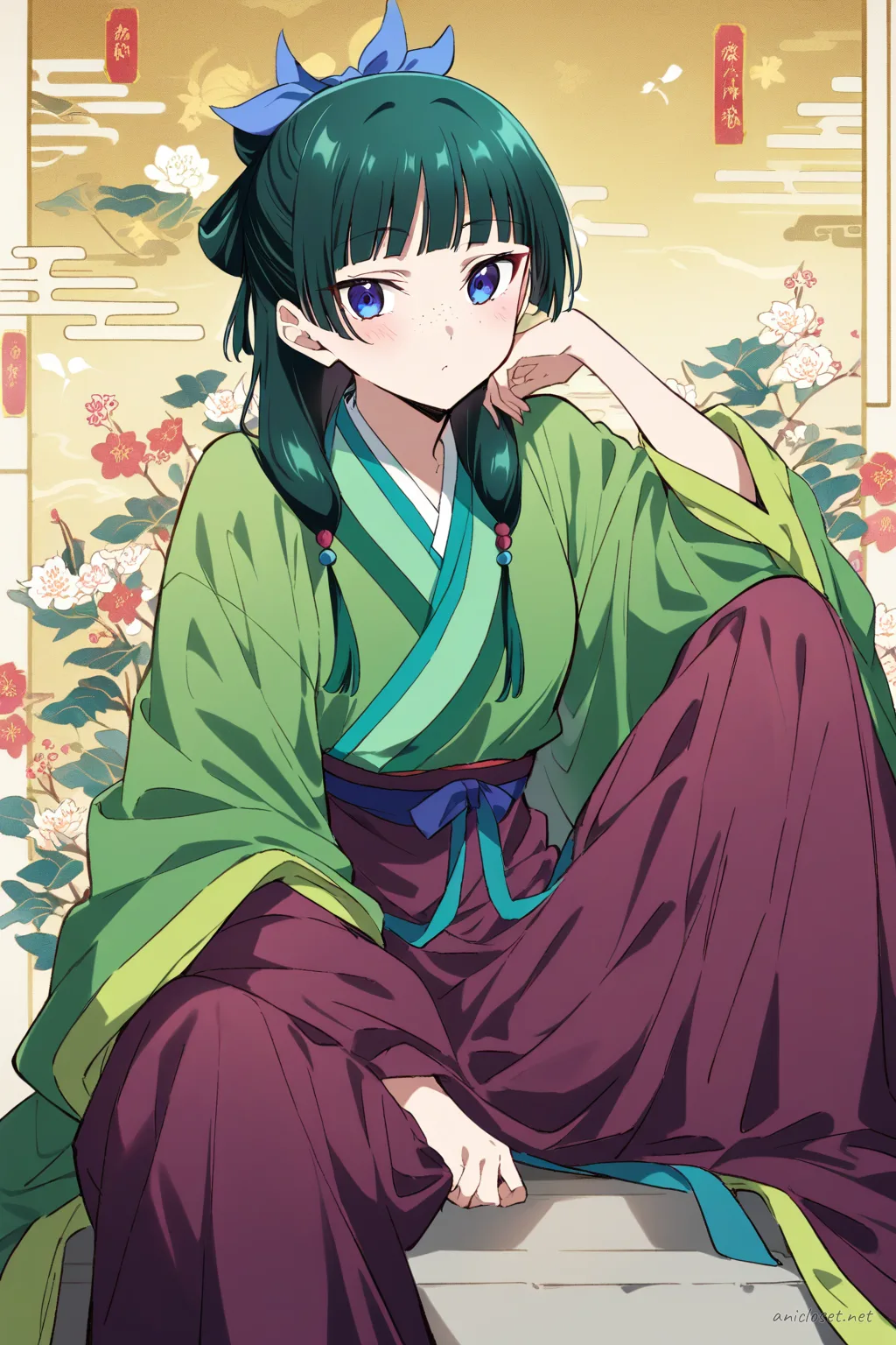 Maomao seated on steps wearing traditional hanfu with long flowing sleeves and embroidered floral patterns under warm evening sky