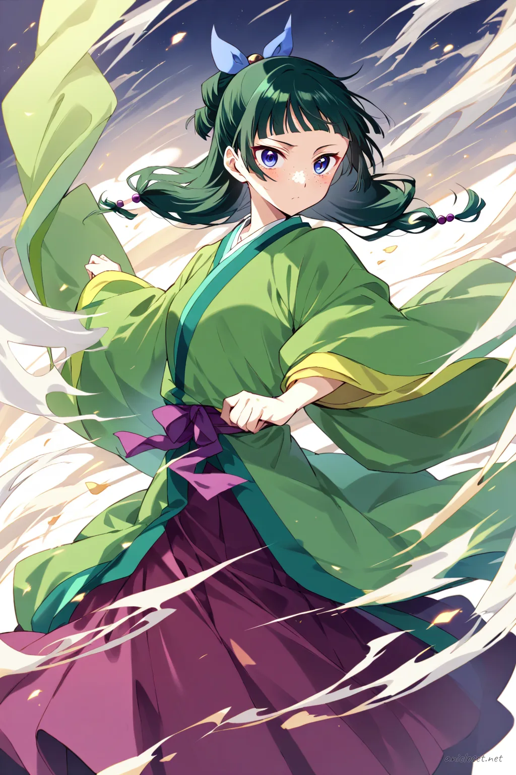 Maomao in traditional hanfu with wide sleeves and fluttering fabric, posed knee-up against a cliffside with open sky and cinematic clouds