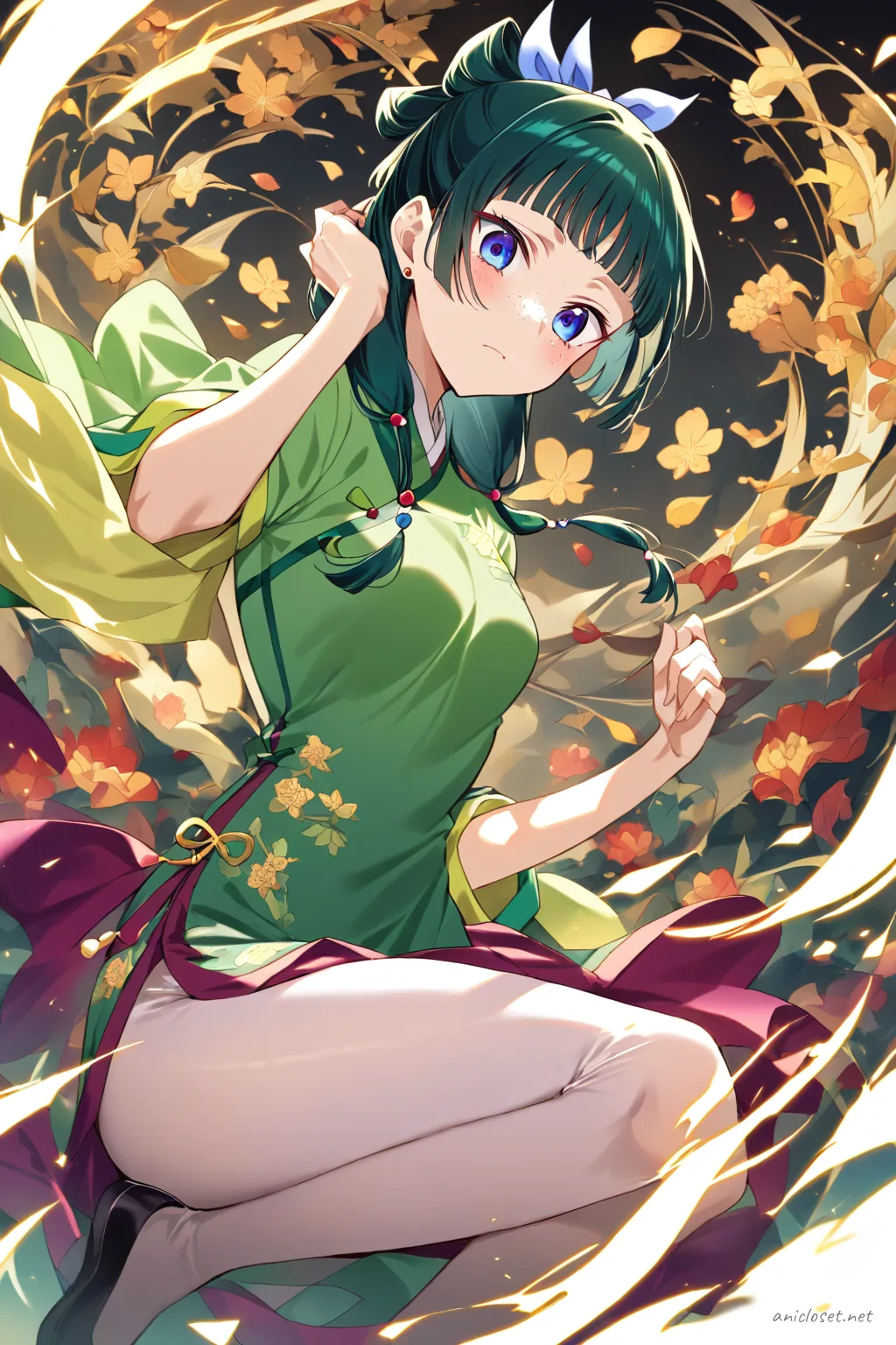 Full-body illustration of Maomao in a traditional black qipao with floral embroidery, sheer stockings, black ballet flats, and a hair ribbon, posed back three-quarter with face looking back, surrounded by magical sparkles against a clean studio backdrop