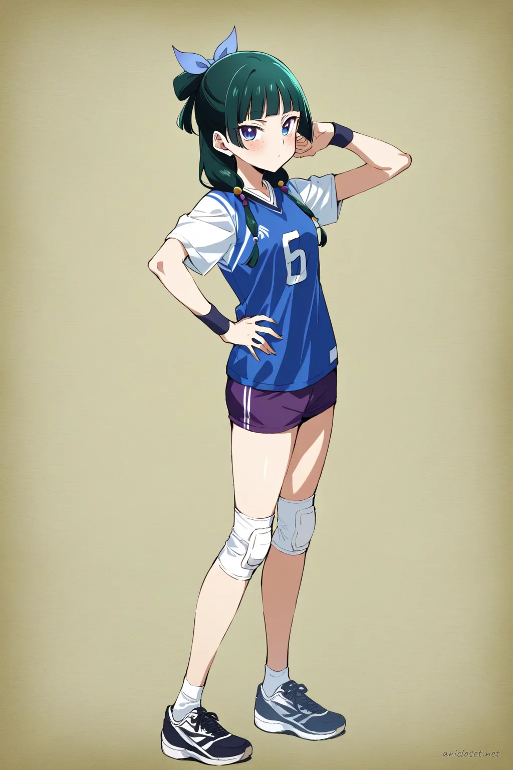 Illustration of Maomao wearing a volleyball jersey, short athletic shorts, knee pads, and sneakers in a knee-up half-body studio shot